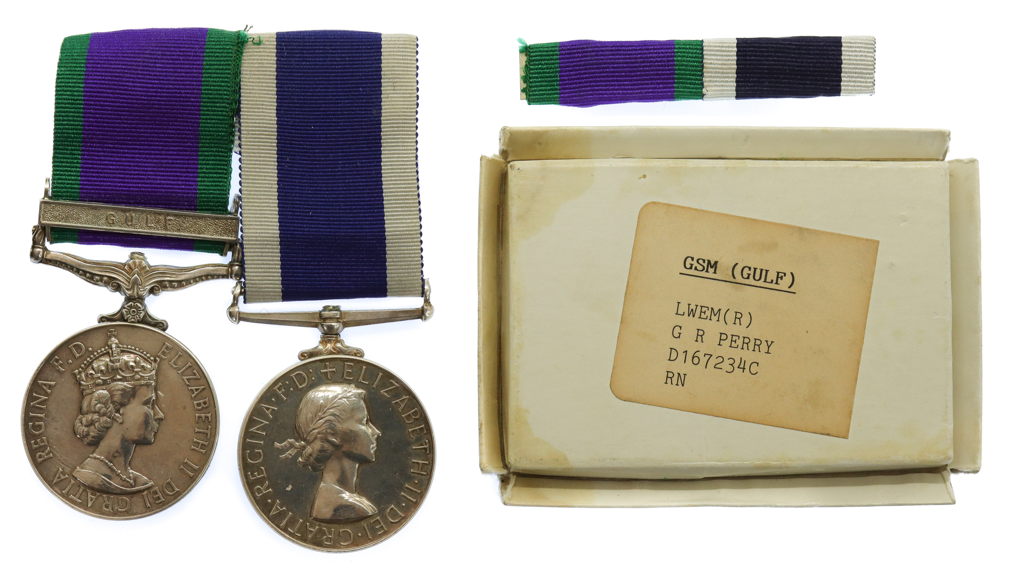 Campaign Service Medal (Clasp - Gulf) and R.N. Long Service & Good Conduct Medal Pair - LWEM (R) G.R. Perry, Royal Navy 