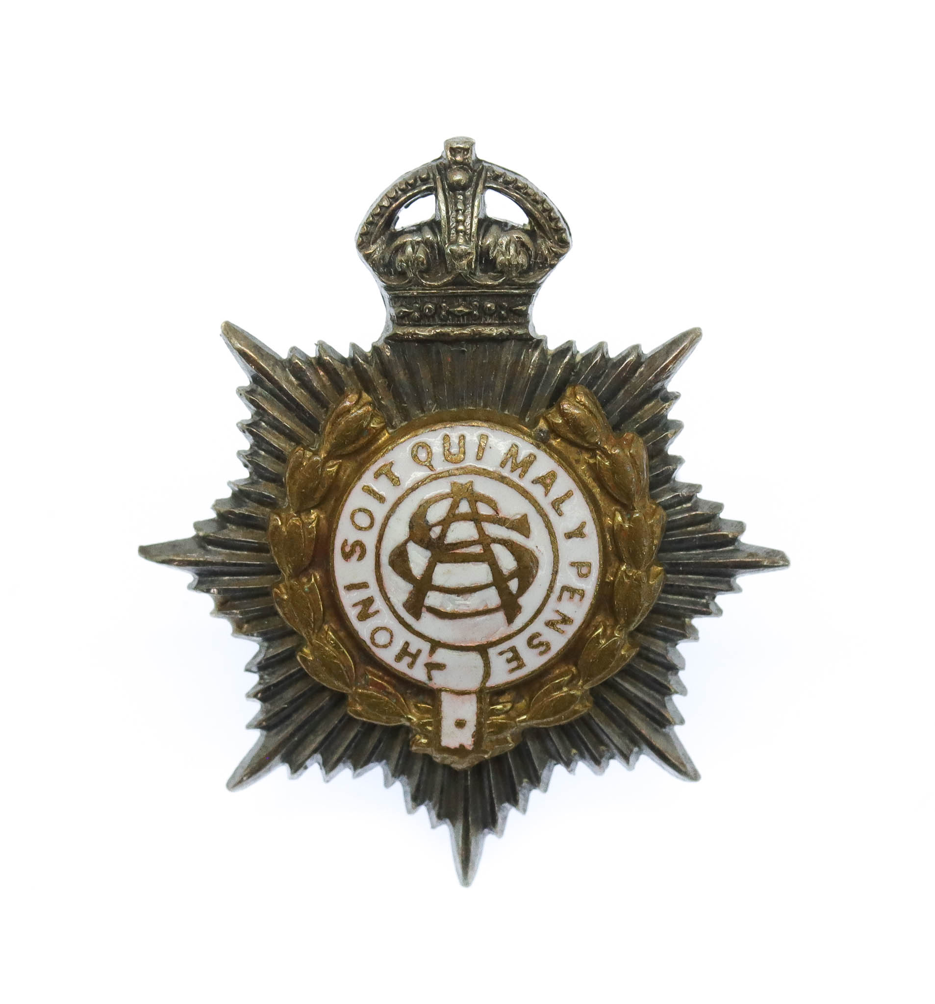 Army Service Corps (A.S.C.) Officer's  Silvered, Gilt & Enamel Collar Badge - King's Crown 