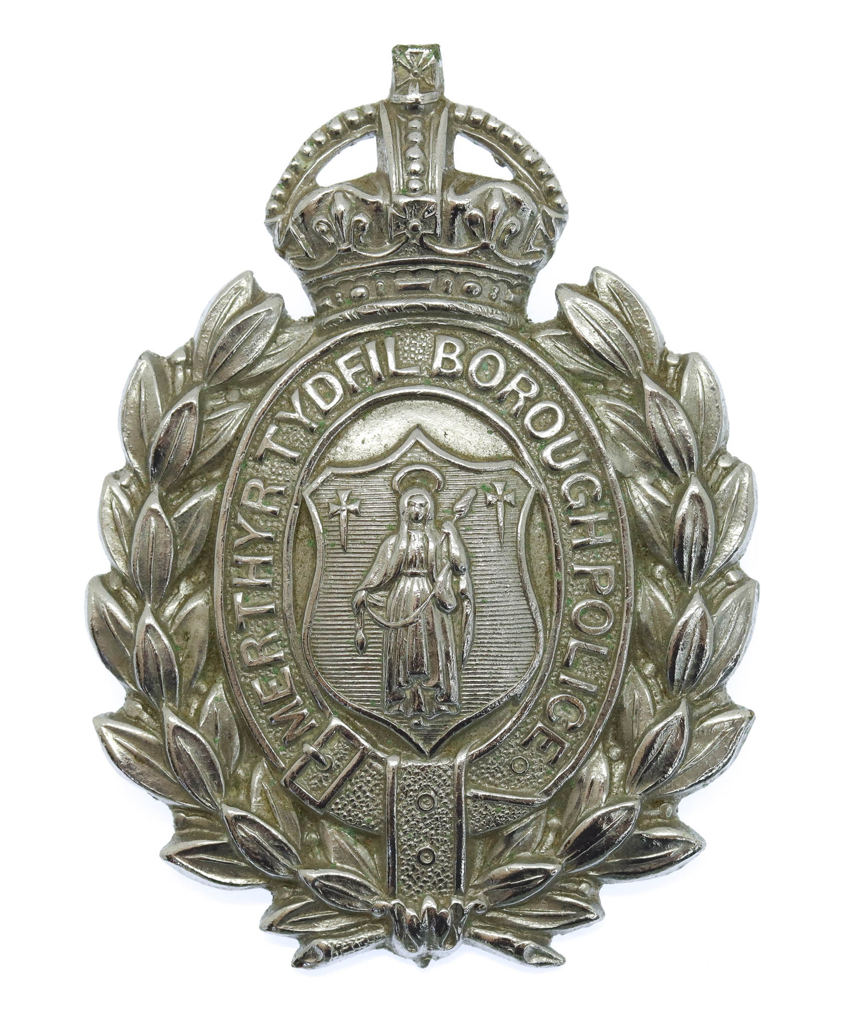 Merthyr Tydfil Borough Police Chrome Wreath Cap Badge - King's Crown