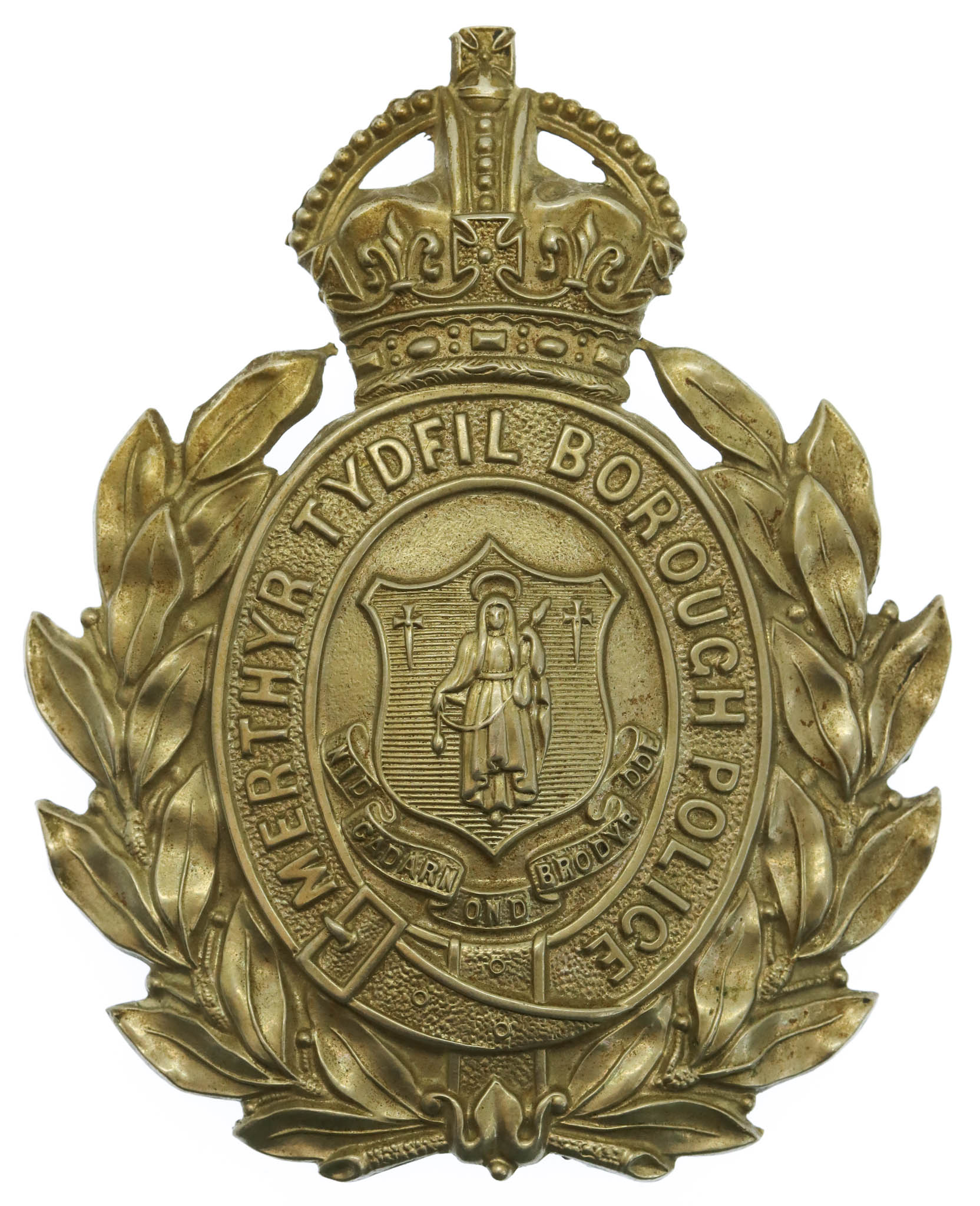 Merthyr Tydfil Borough Police White Metal Wreath Helmet Plate - King's Crown