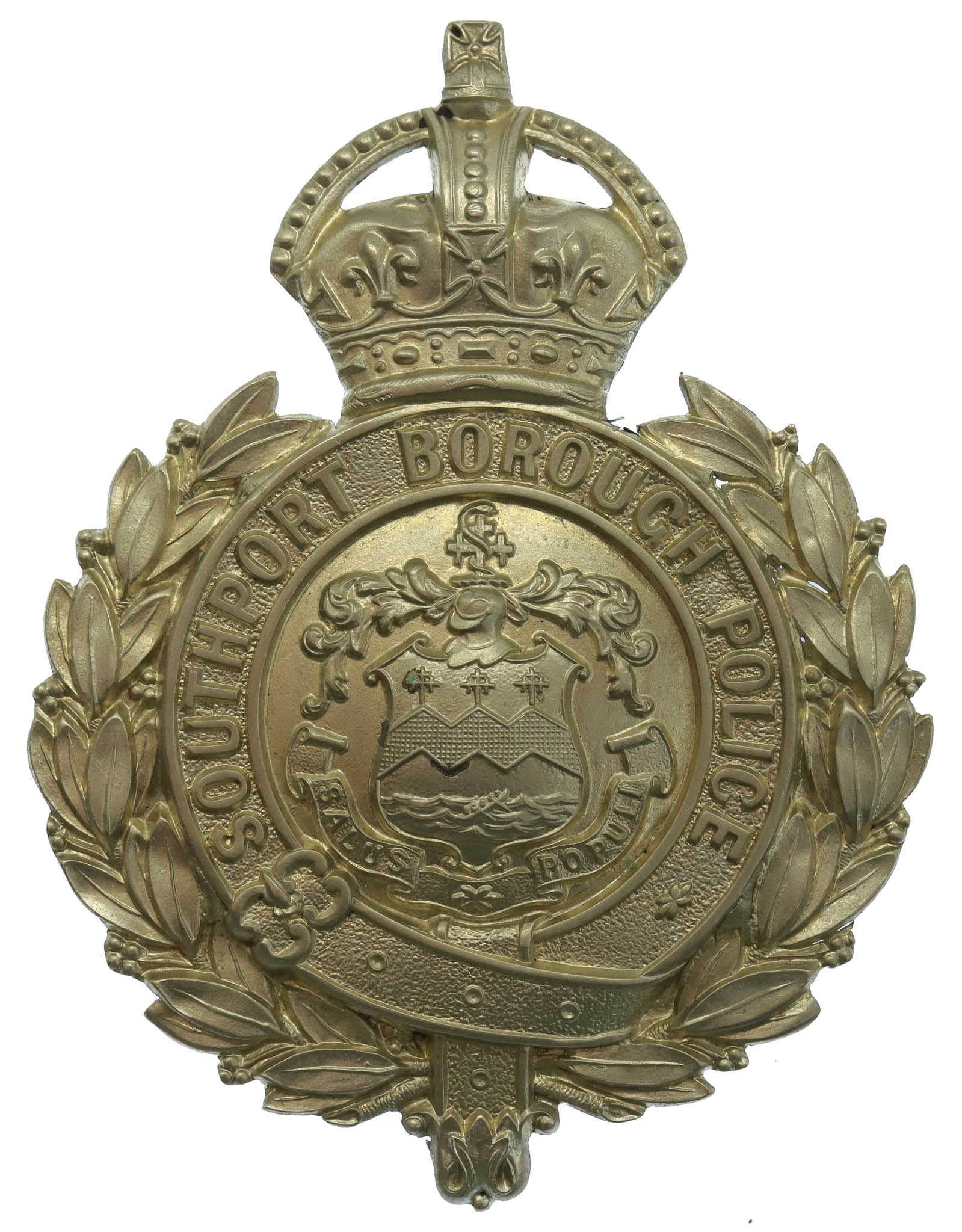 Southport Borough Police Wreath Helmet Plate - King's Crown 