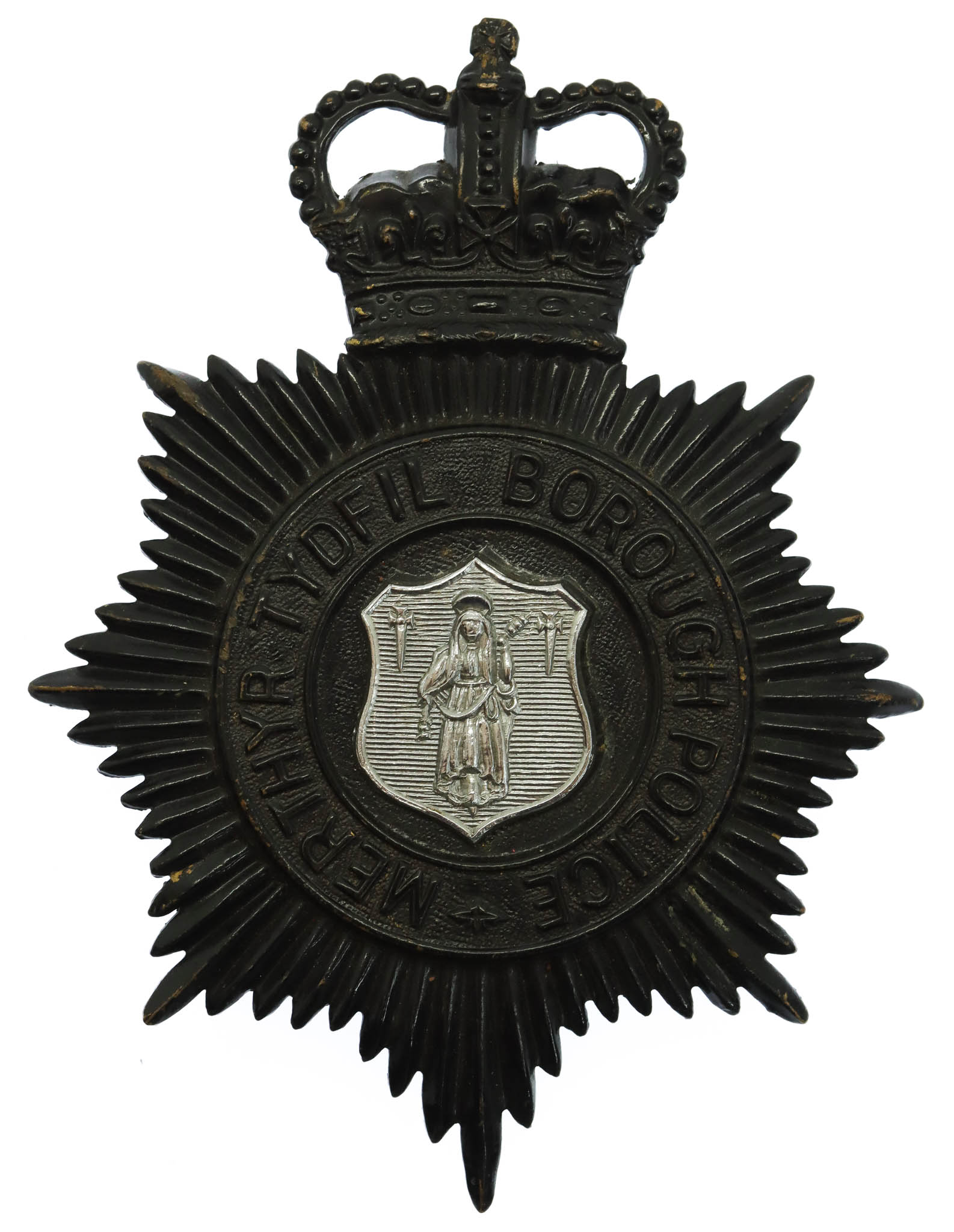 Merthyr Tydfil Borough Police Night Helmet Plate - Queen's Crown