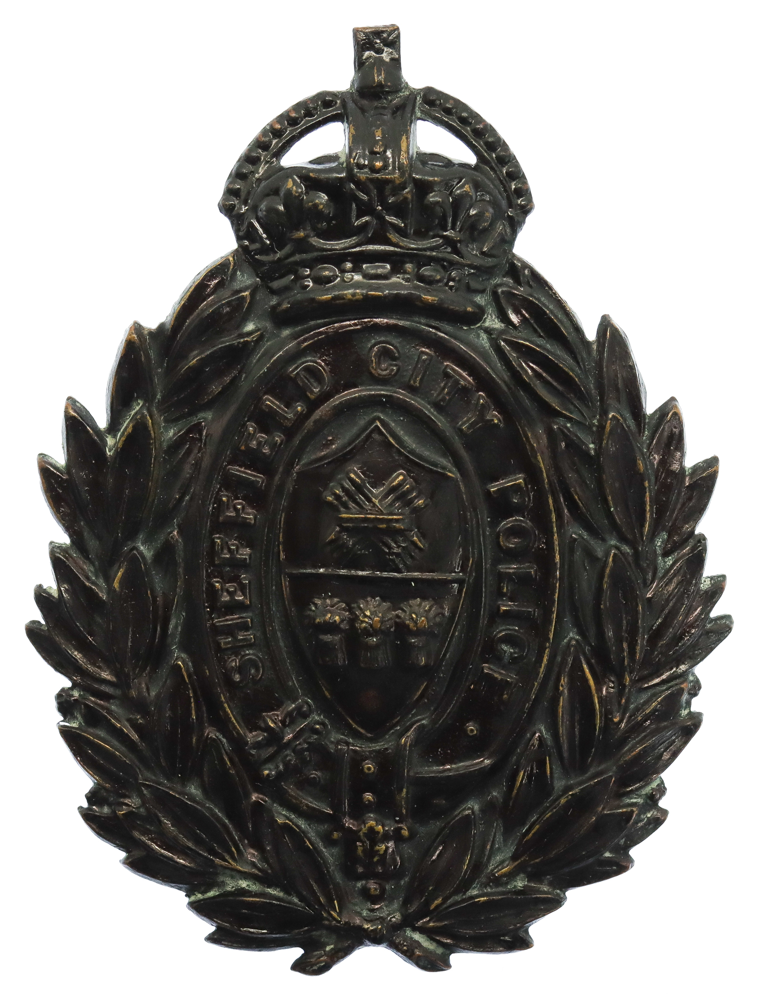 Sheffield City Police Black Wreath Helmet Plate - King's Crown
