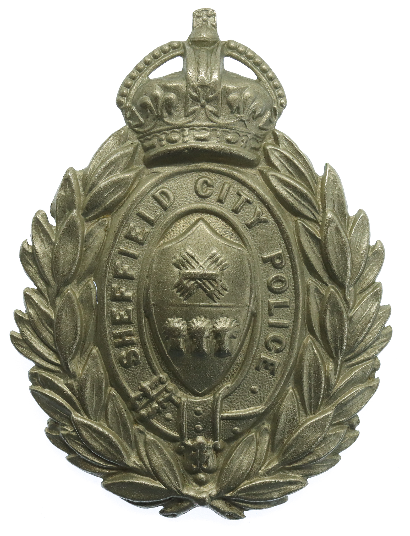 Sheffield City Police Wreath Helmet Plate - King's Crown
