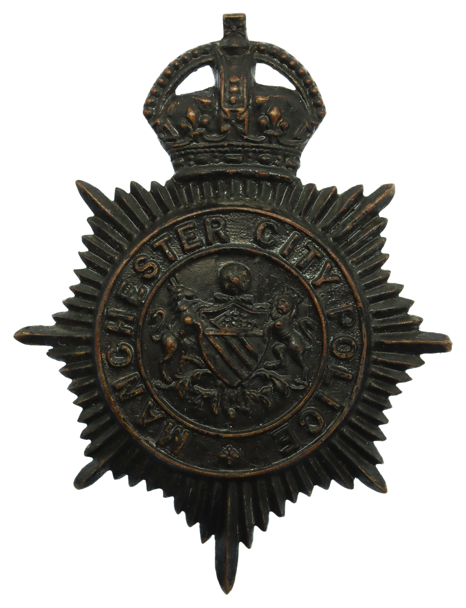 Manchester City Police Blackened Brass Night Helmet Plate - King's Crown