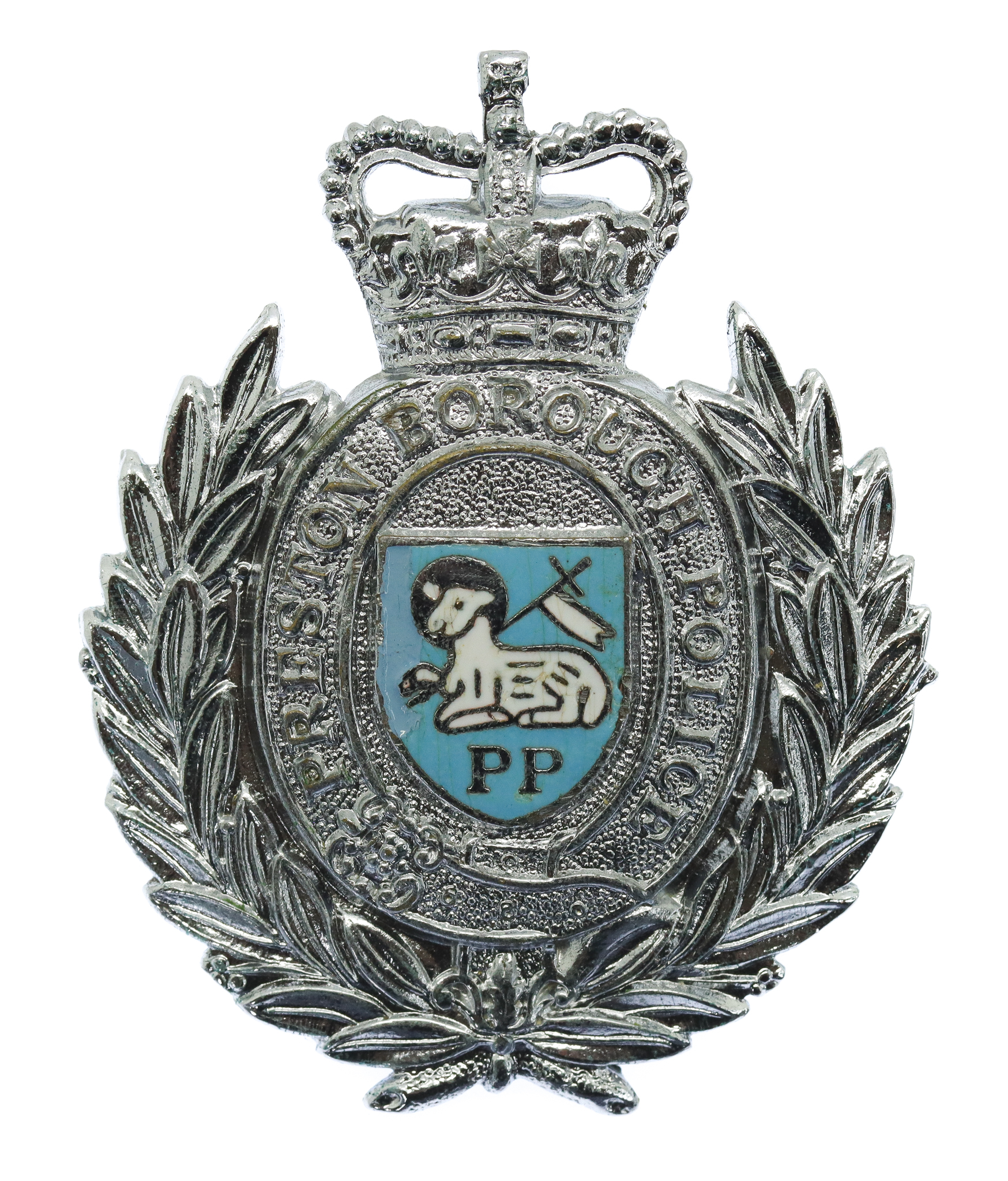 Preston Borough Police Enamelled Wreath Helmet Plate - Queen's Crown