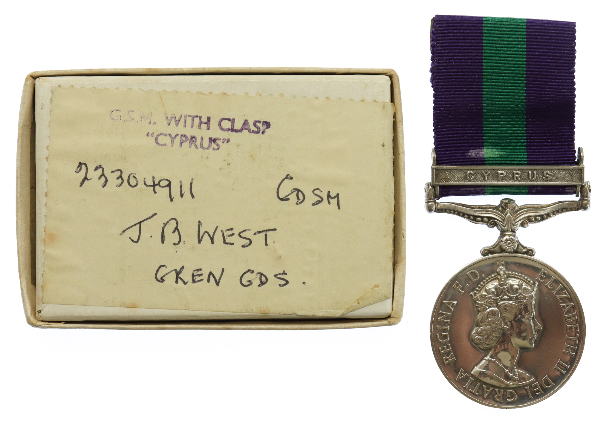 Campaign Service Medal (Clasp - Cyprus) - Gdsm. J.B. West, Grenadier Guards