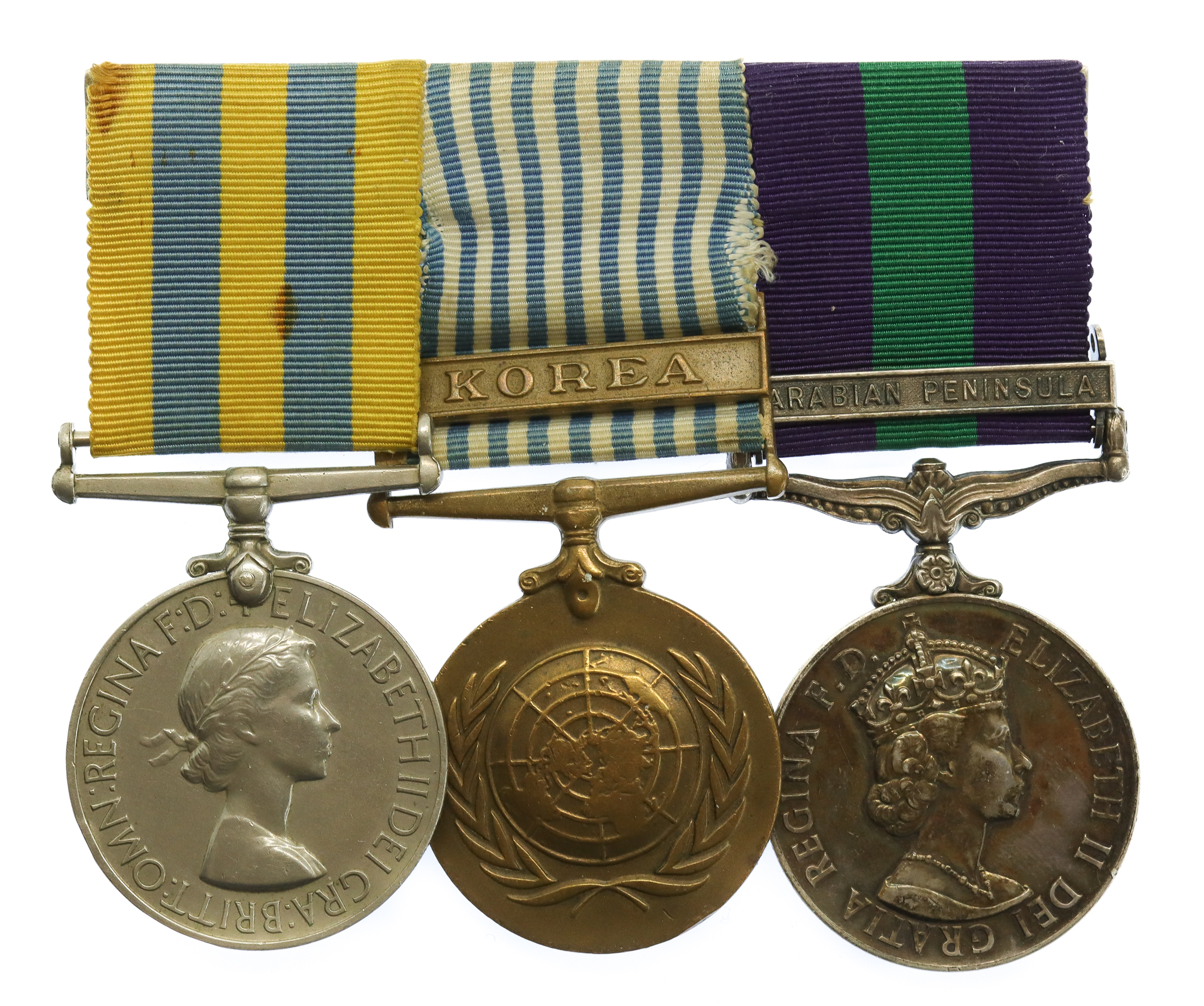 Queen's Korea Medal, UN Korea Medal and General Service Medal (Clasp - Arabian Peninsula) Group of Three - Bdr. F.E. Flintham, Royal Artillery