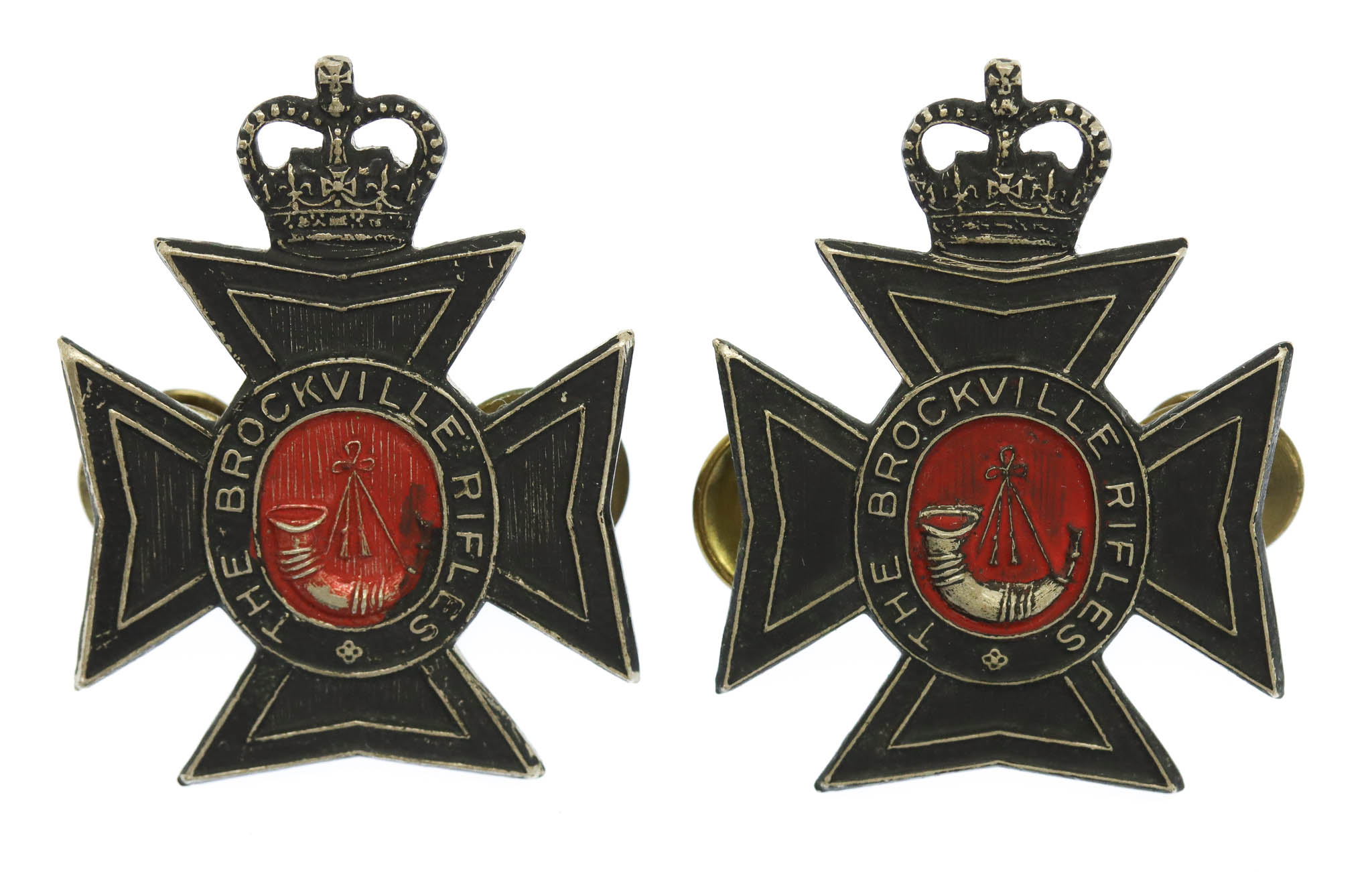 Pair of Canadian Brockville Rifles Collar Badges - Queen's Crown