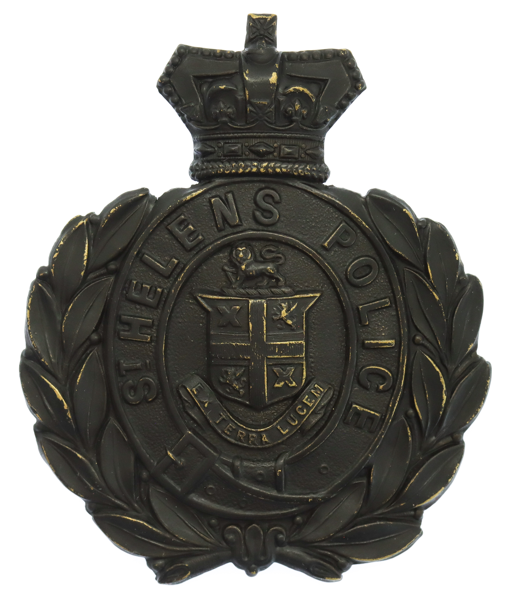 Victorian St Helen's Police Black Wreath Helmet Plate 