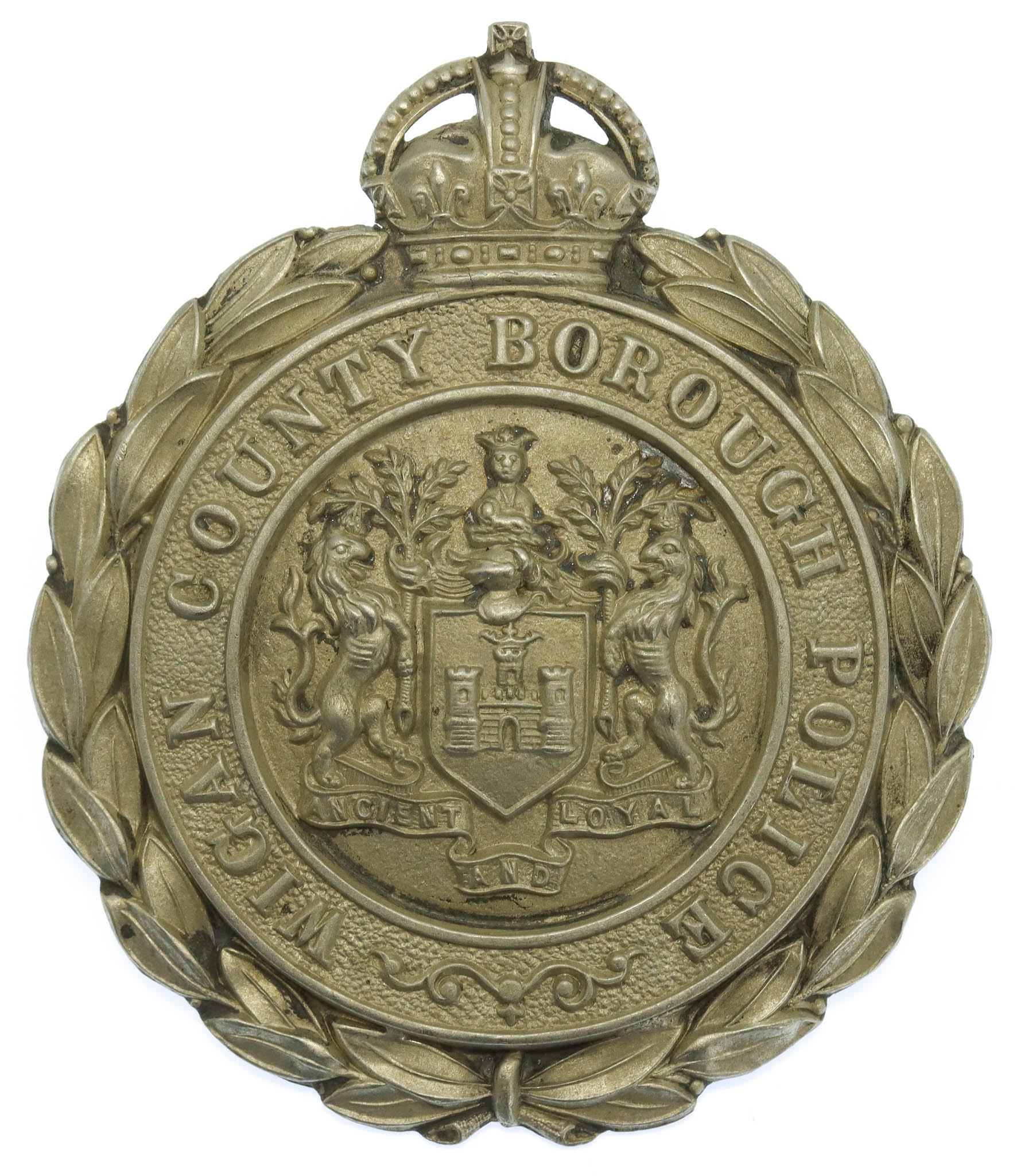 Wigan County Borough Police Wreath Helmet Plate - King's Crown