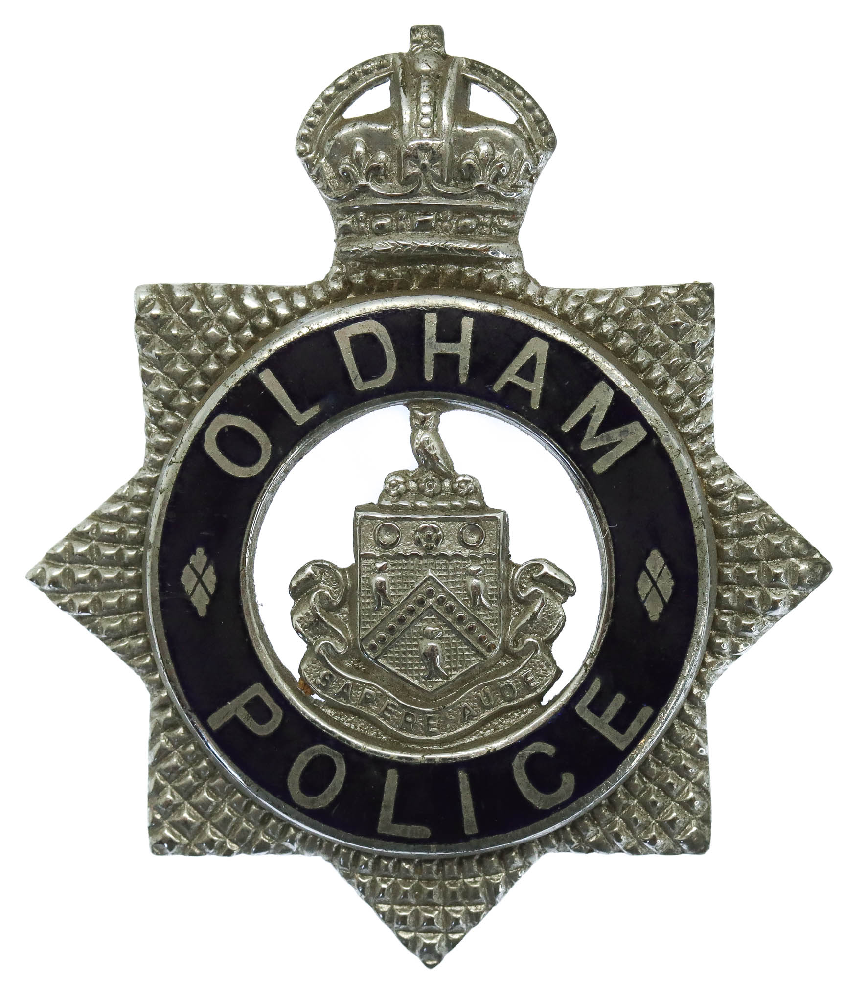 Oldham Borough Police Senior Officer's Enamelled Cap Badge - King's Crown