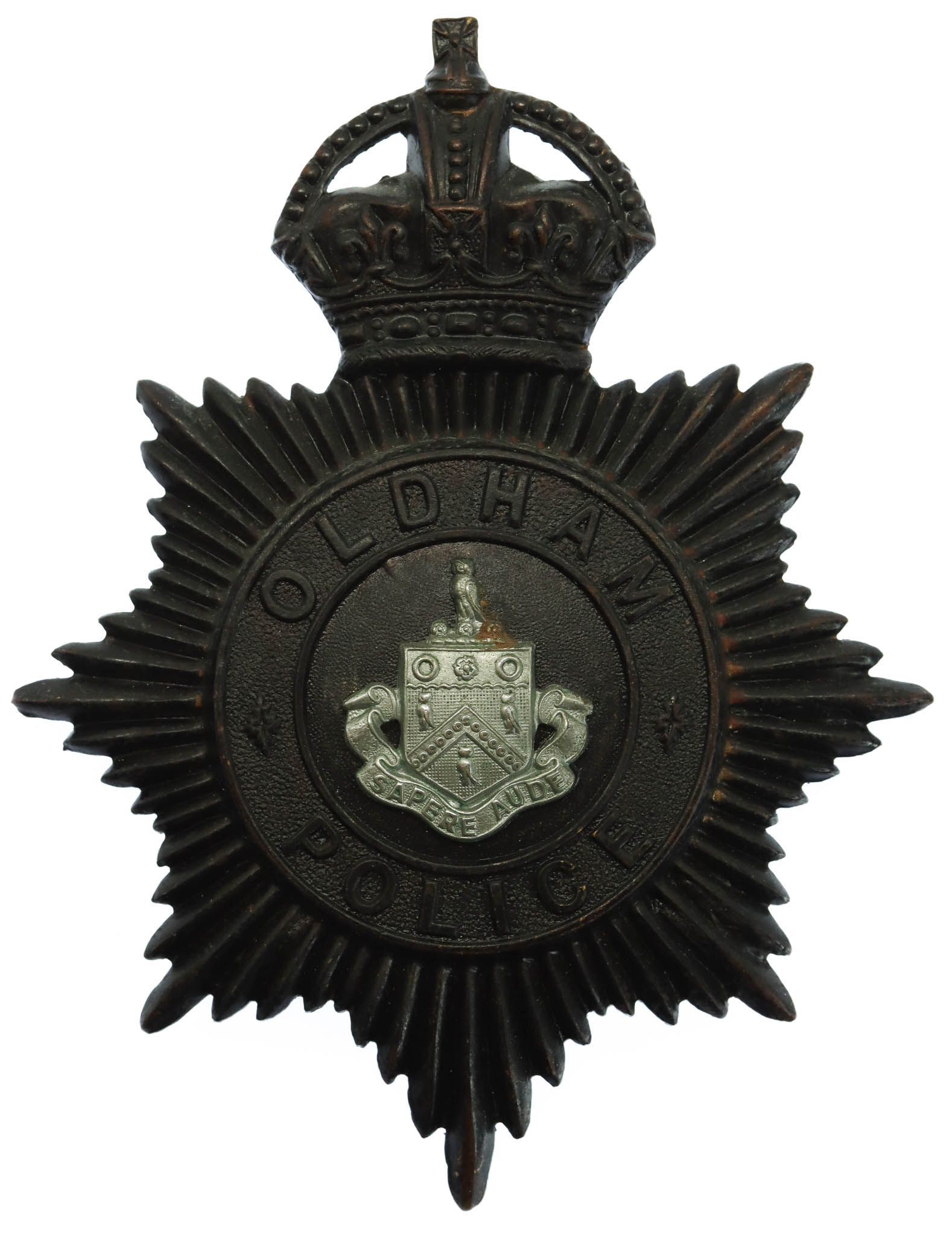 Oldham Borough Police Night Helmet Plate - King's Crown