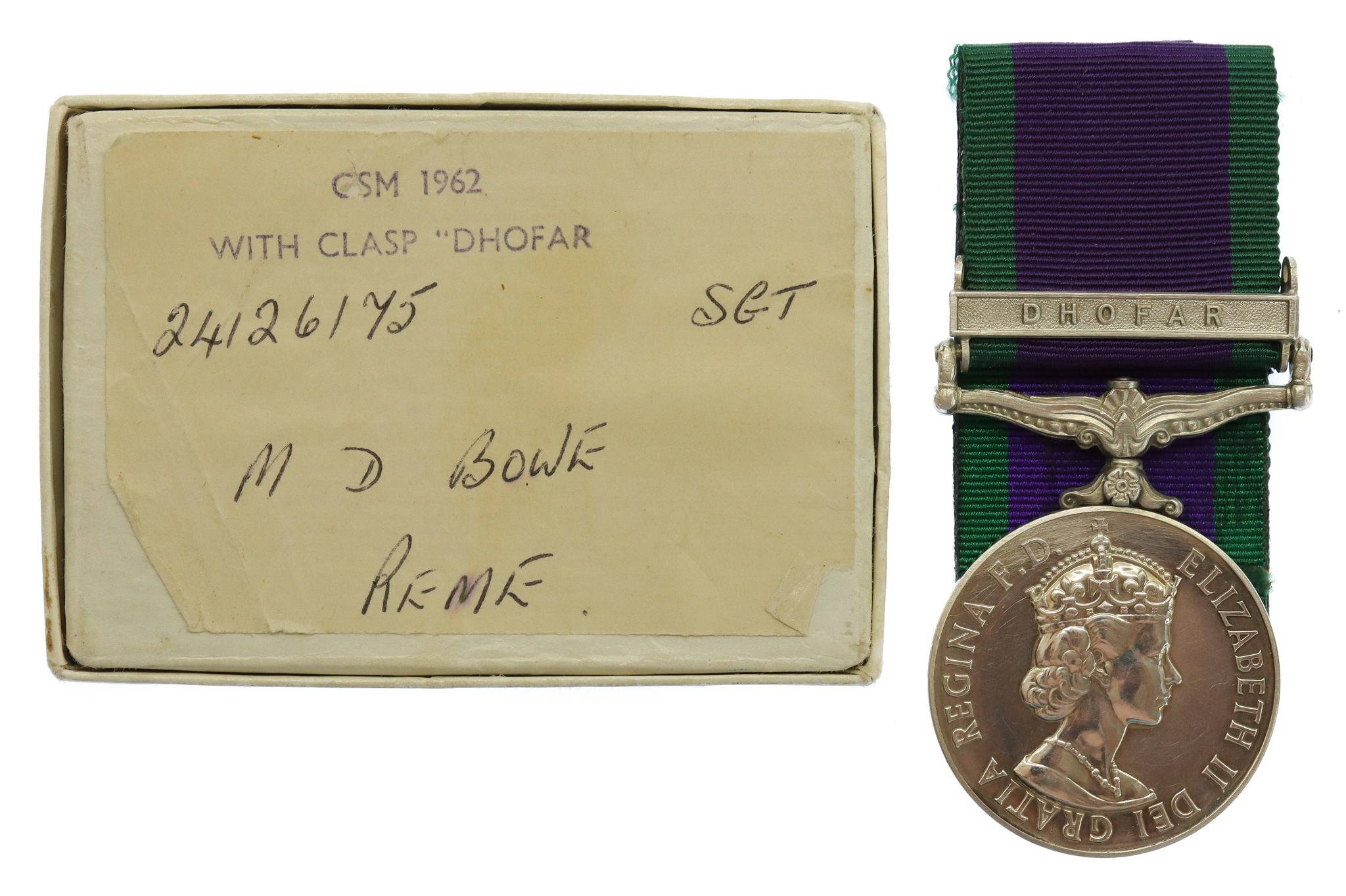 Campaign Service Medal (Clasp - Dhofar) - Sgt. M.D. Bowe, Royal Electrical & Mechanical Engineers