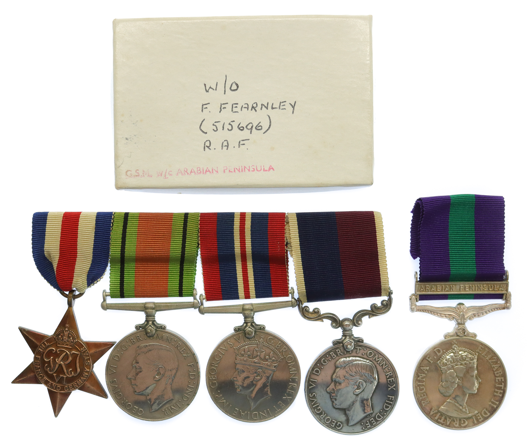 WW2, GSM (Arabian Peninsula) and RAF Long Service & Good Conduct Medal Group of Five - Warrant Officer F. Fearnley, Royal Air Force