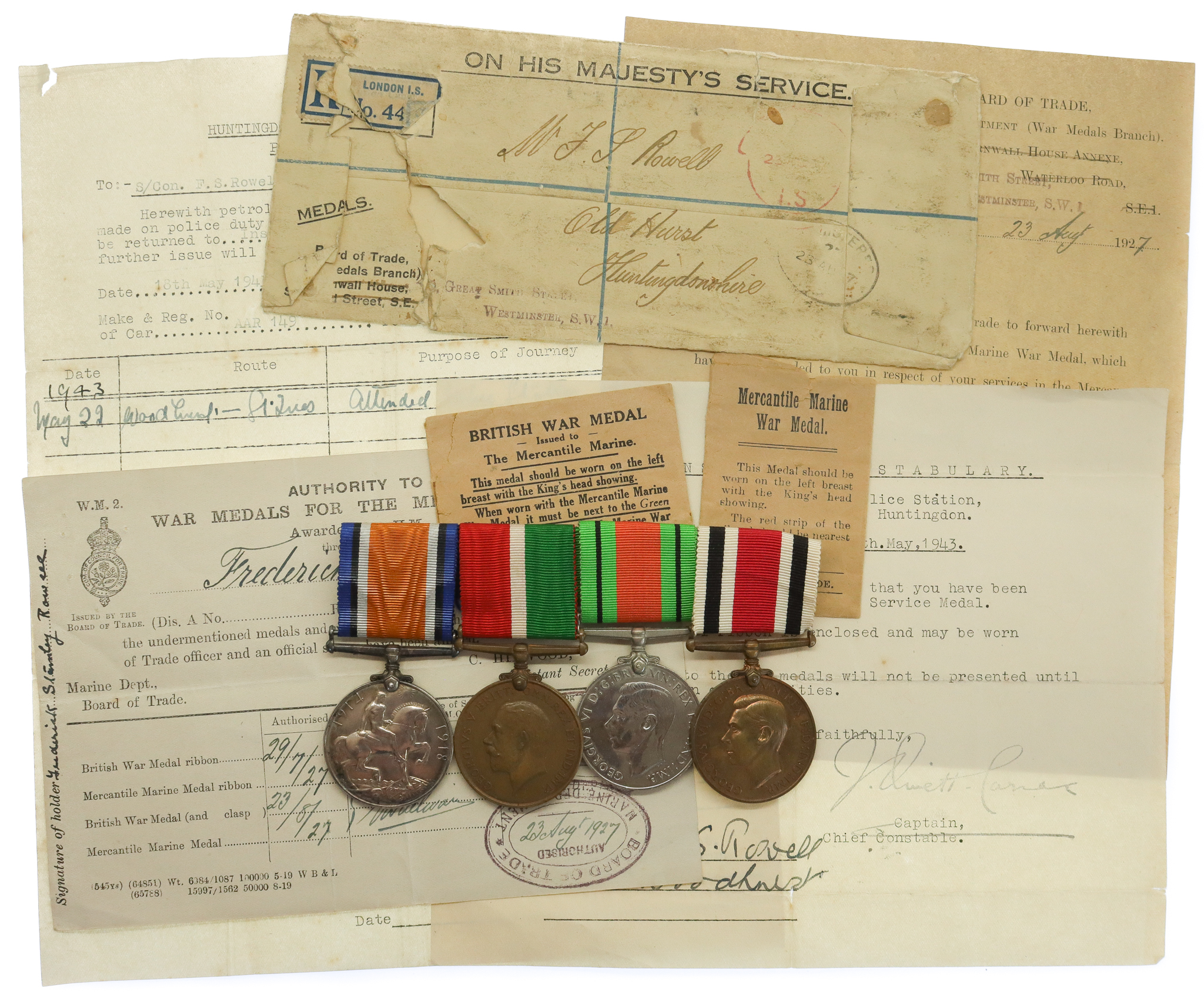 WW1 Mercantile Marine and WW2 Special Constabulary Medal Group of Four - Frederick S. Rowell, Merchant Navy and Huntingdonshire Special Constabulary
