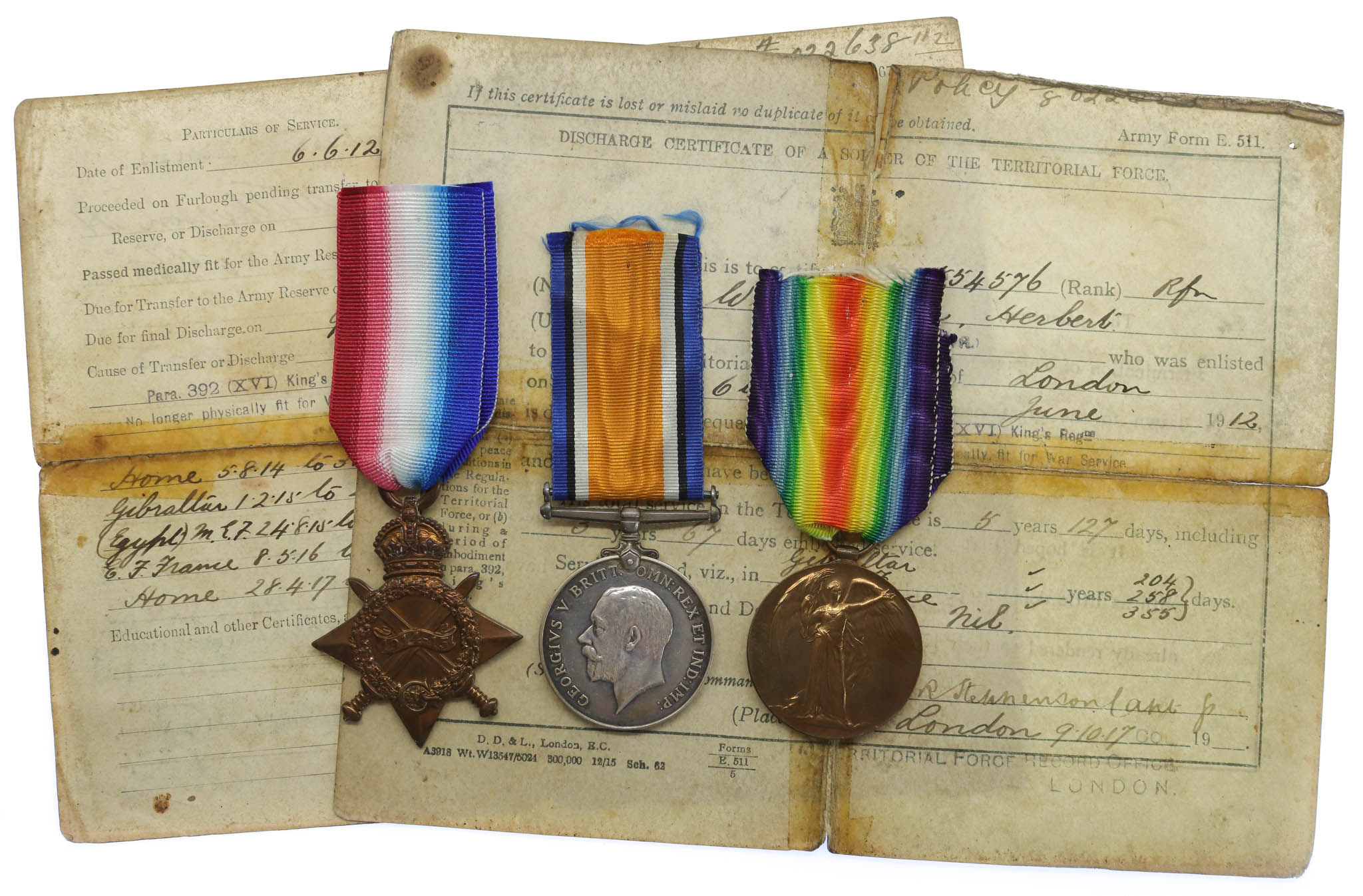 WW1 1914-15 Star Medal Trio with Original Discharge Certificate - Pte. H. Wilkinson, 8th Bn. Middlesex Regiment and 16thBn. London Regiment - Wounded