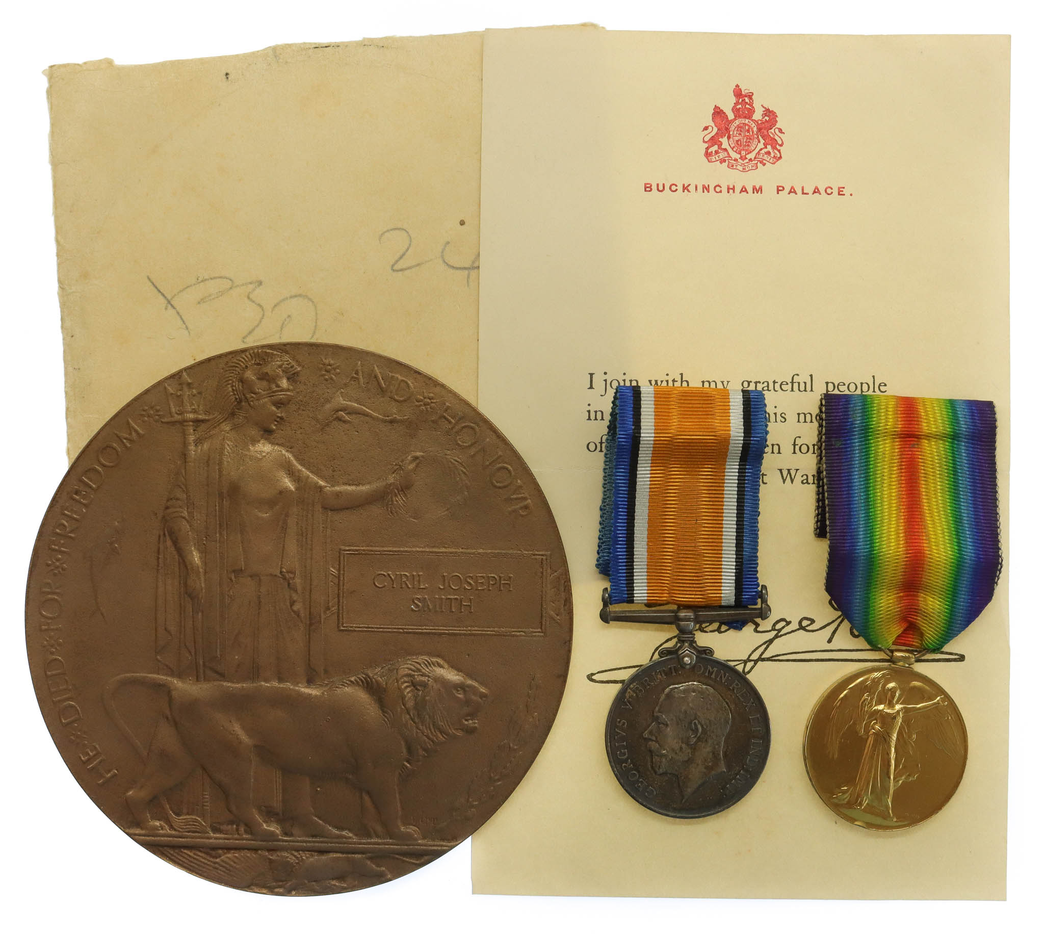 WW1 British War Medal, Victory Medal and Memorial Plaque - Pte. C.J. Smith, 2/7th Bn. Manchester Regiment - K.I.A. 8/10/17