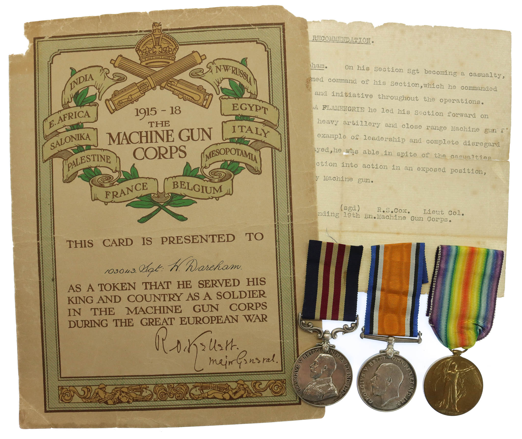 WW1 Military Medal, British War and Victory Medal Group of Three with Original Citation and Award Card - Sjt. L.W. Wareham, 19th Bn. Machine Gun Corps