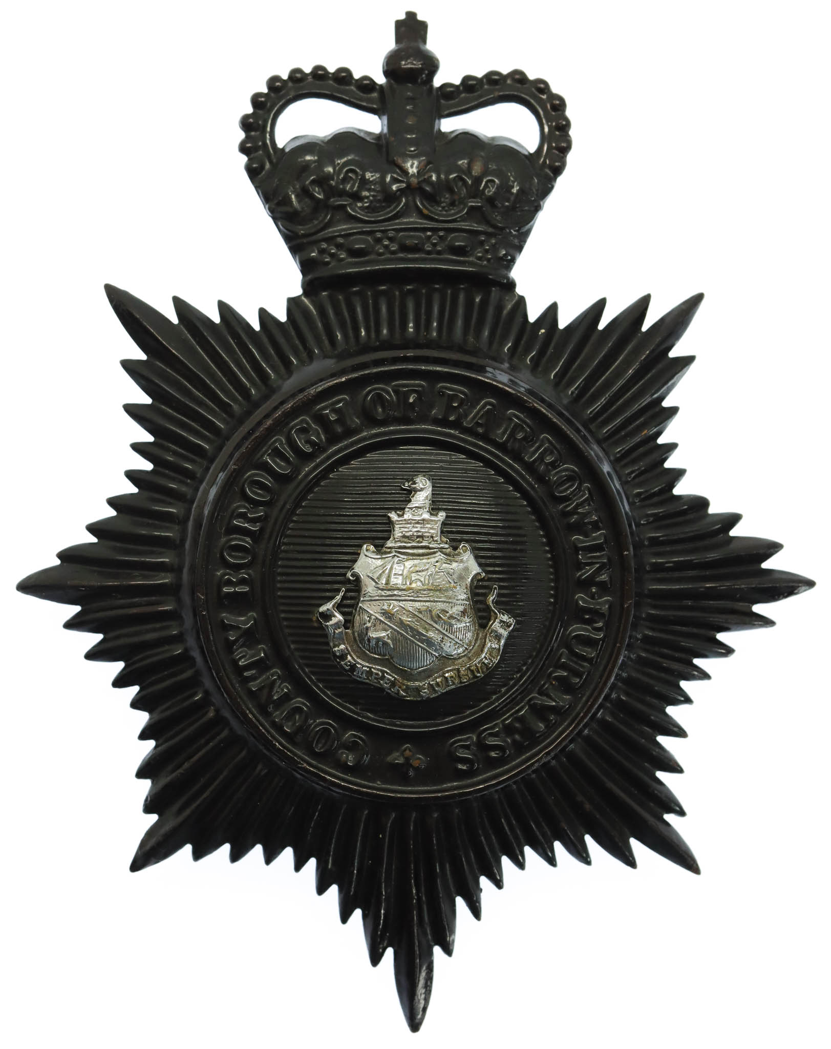 County Borough of Barrow-in-Furness Police Night Helmet Plate - Queen's Crown