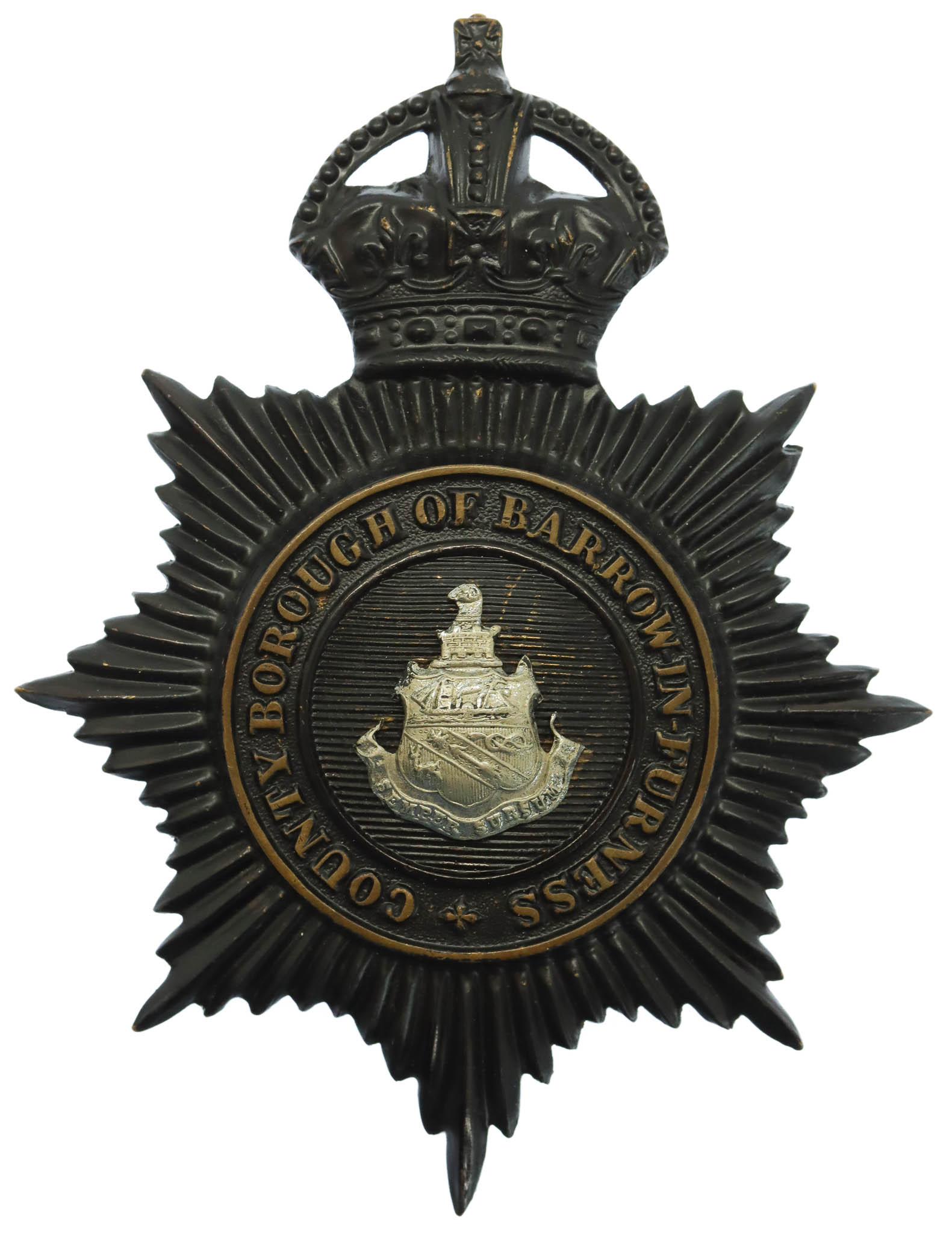 County Borough of Barrow-in-Furness Police Night Helmet Plate - King's Crown