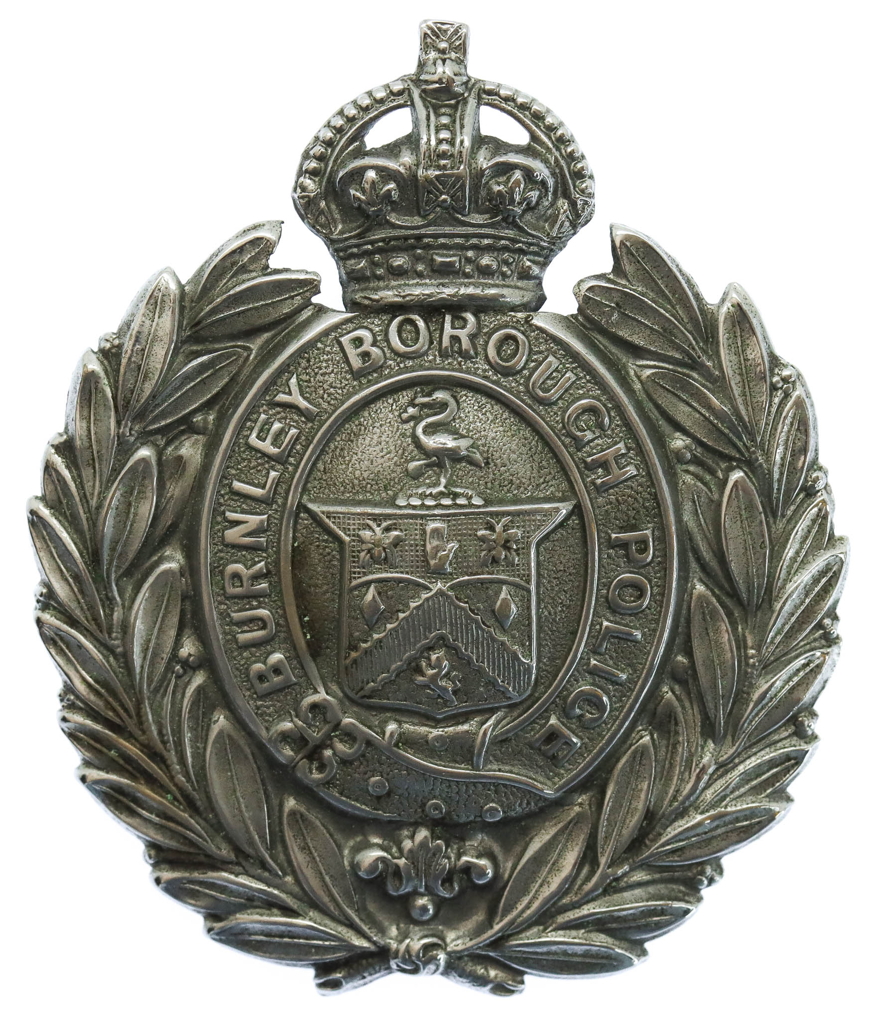 Burnley Borough Police Small Chrome Wreath Helmet Plate - King's Crown