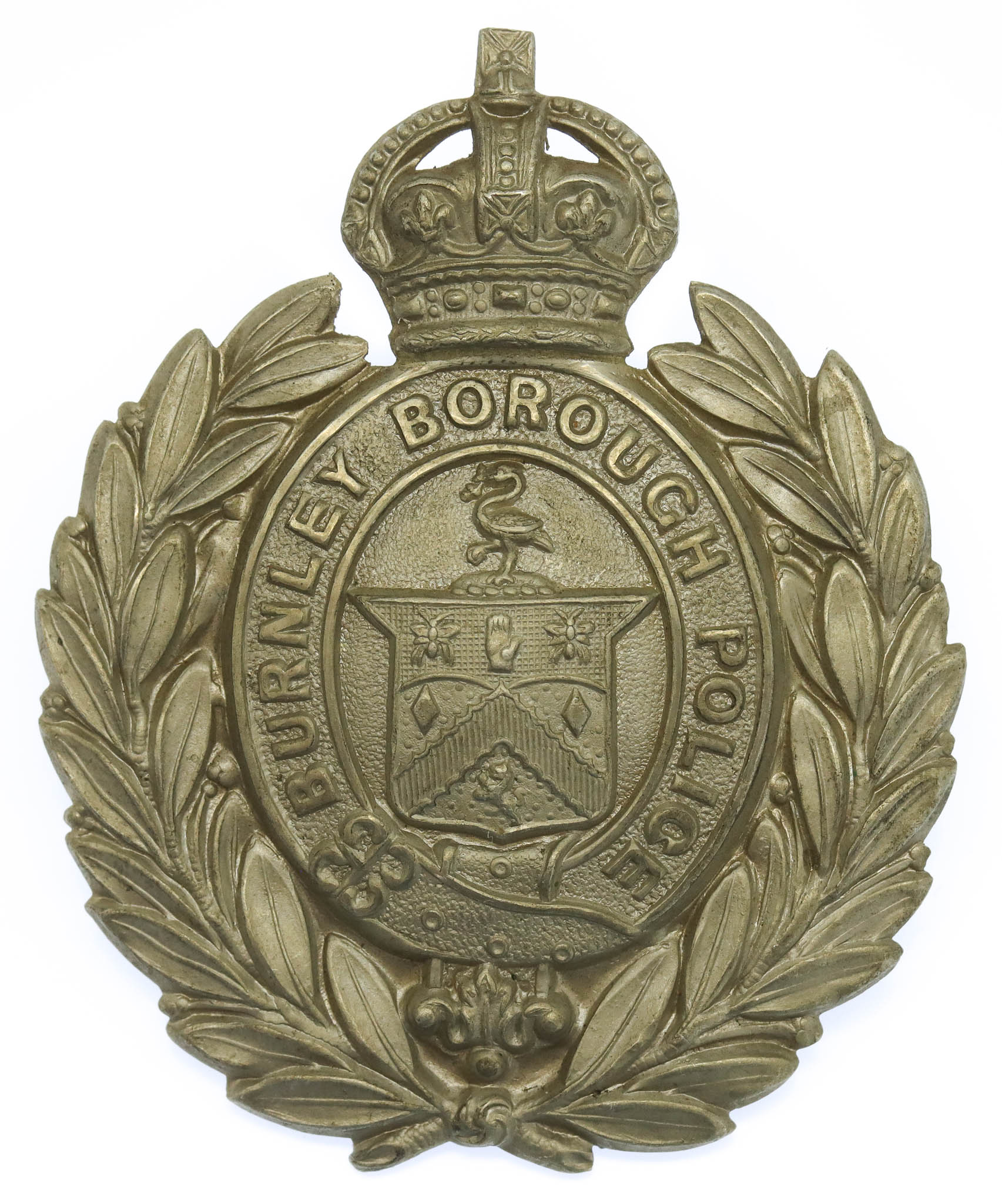 Burnley Borough Police Small White Metal Wreath Helmet Plate - King's Crown