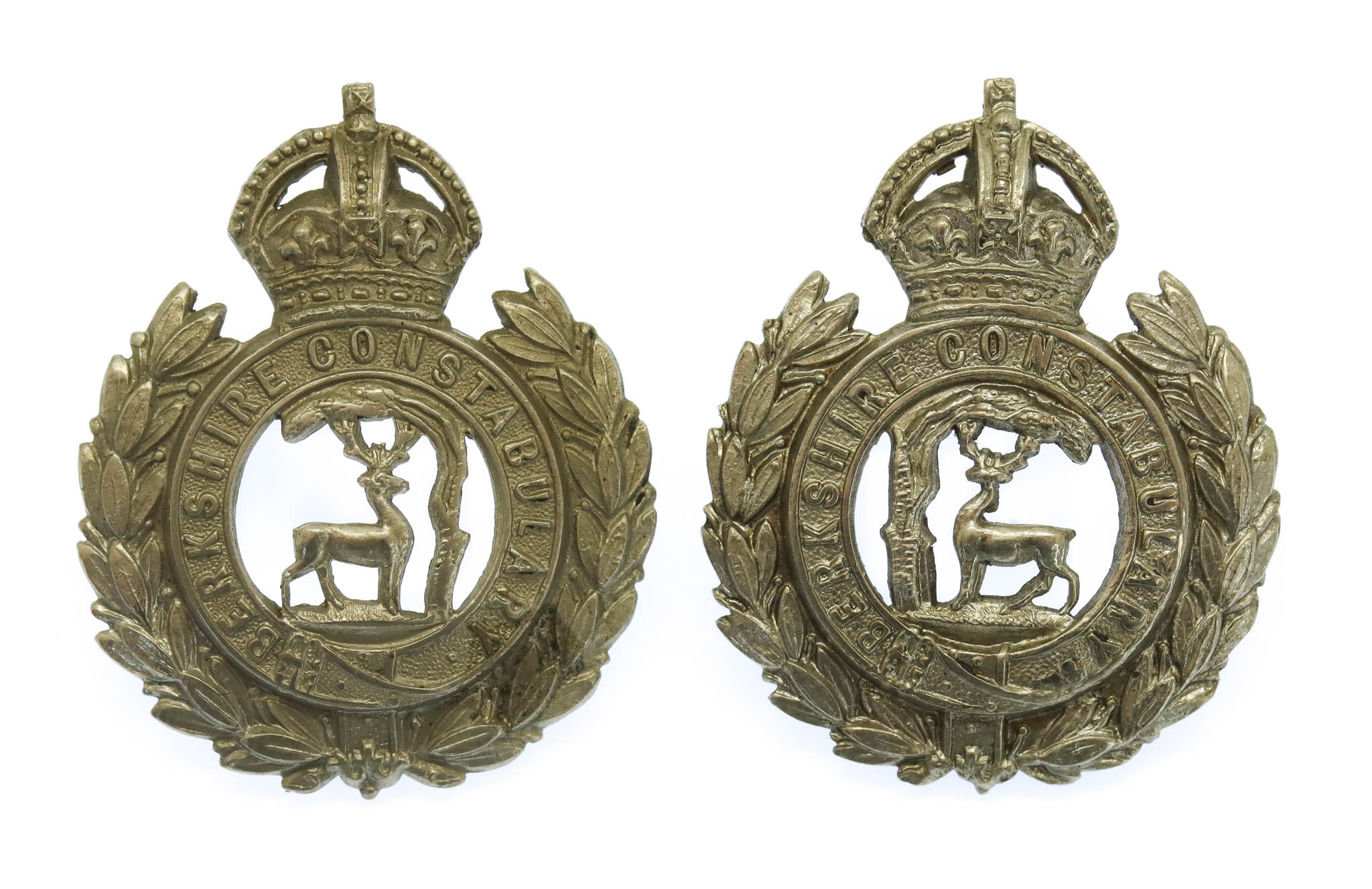 Pair of Berkshire Constabulary White Metal Collar Badges - King's Crown