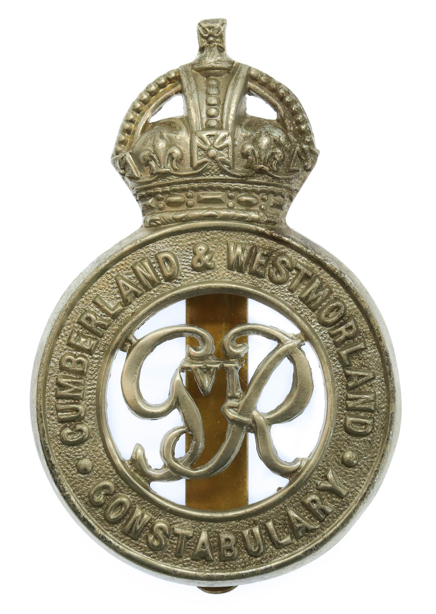 George VI Cumberland & Westmoreland Constabulary White Metal Cap Badge - King's Crown