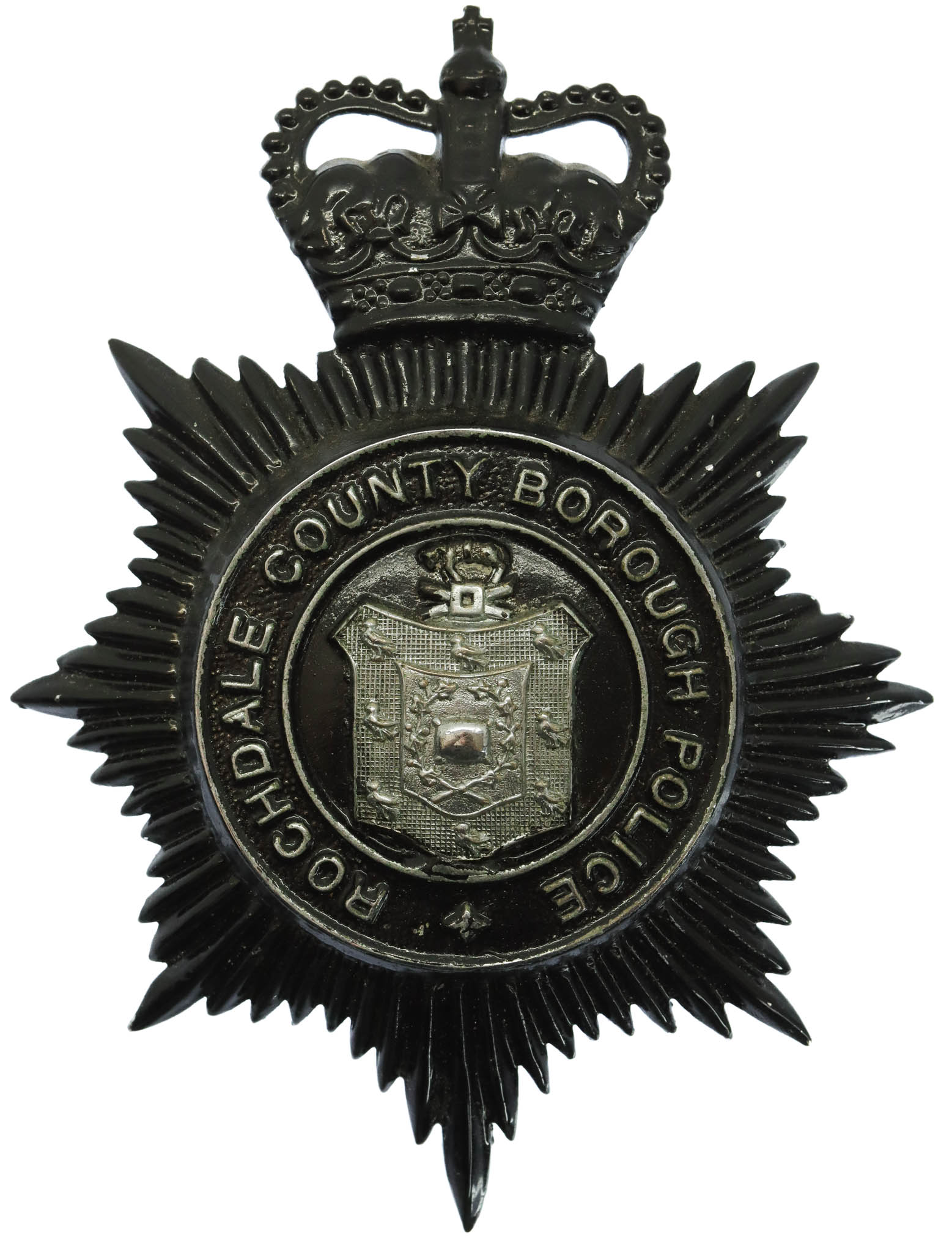 Rochdale County Borough Police Blackened Chrome Helmet Plate - Queen's Crown