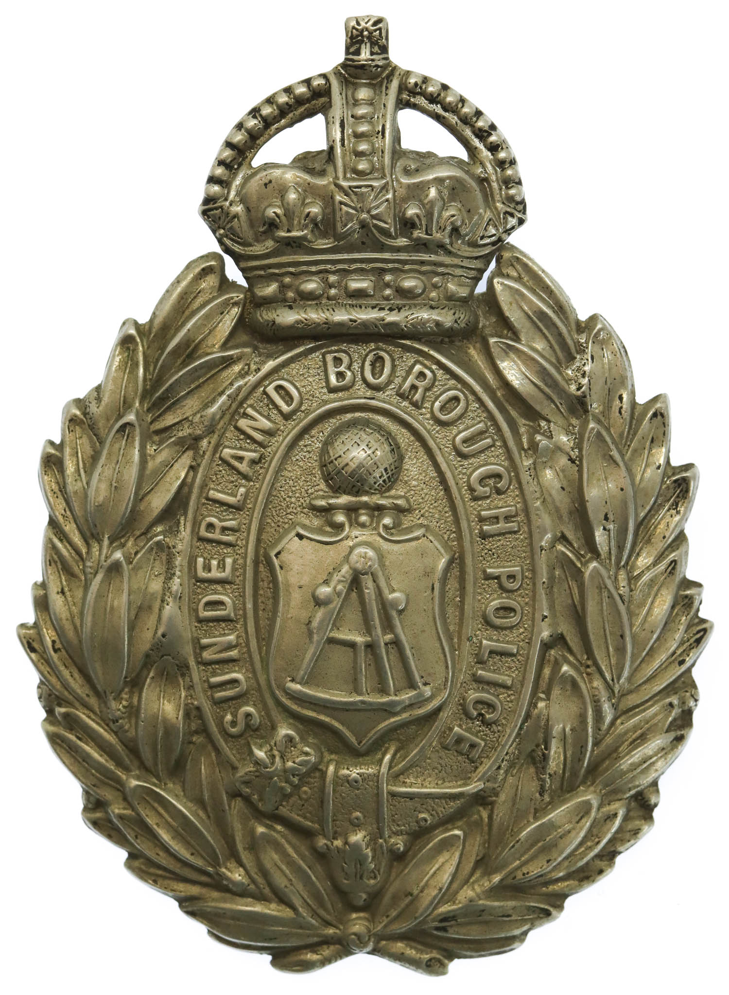 Sunderland Borough Police White Metal Wreath Helmet Plate - King's Crown