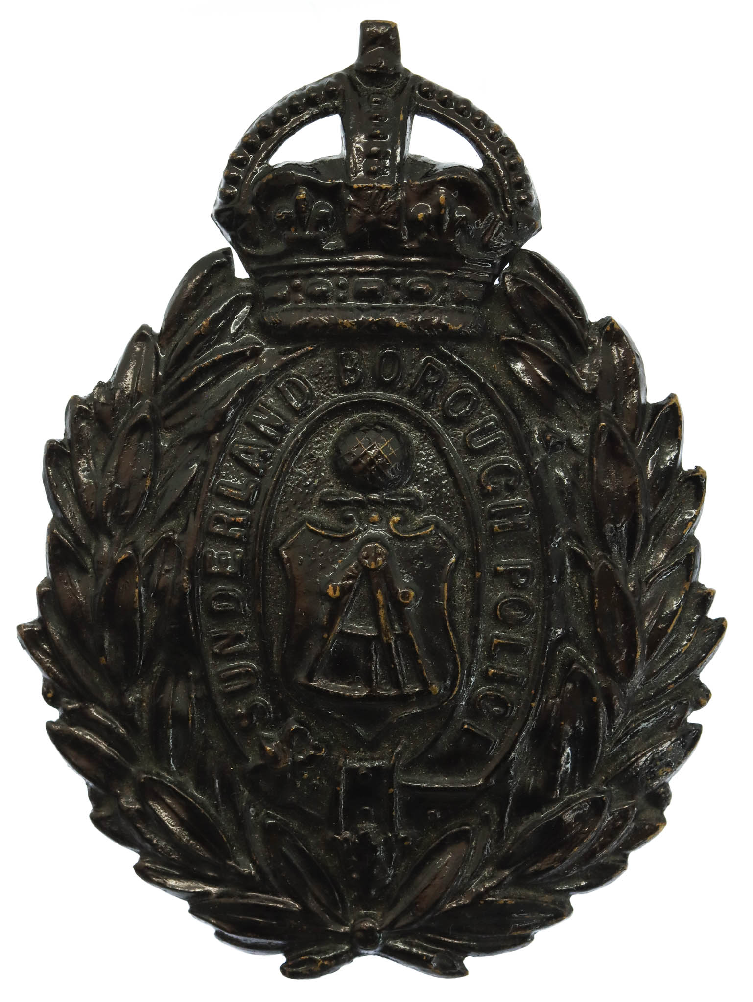 Sunderland Borough Police Blackened Brass Wreath Helmet Plate - King's Crown