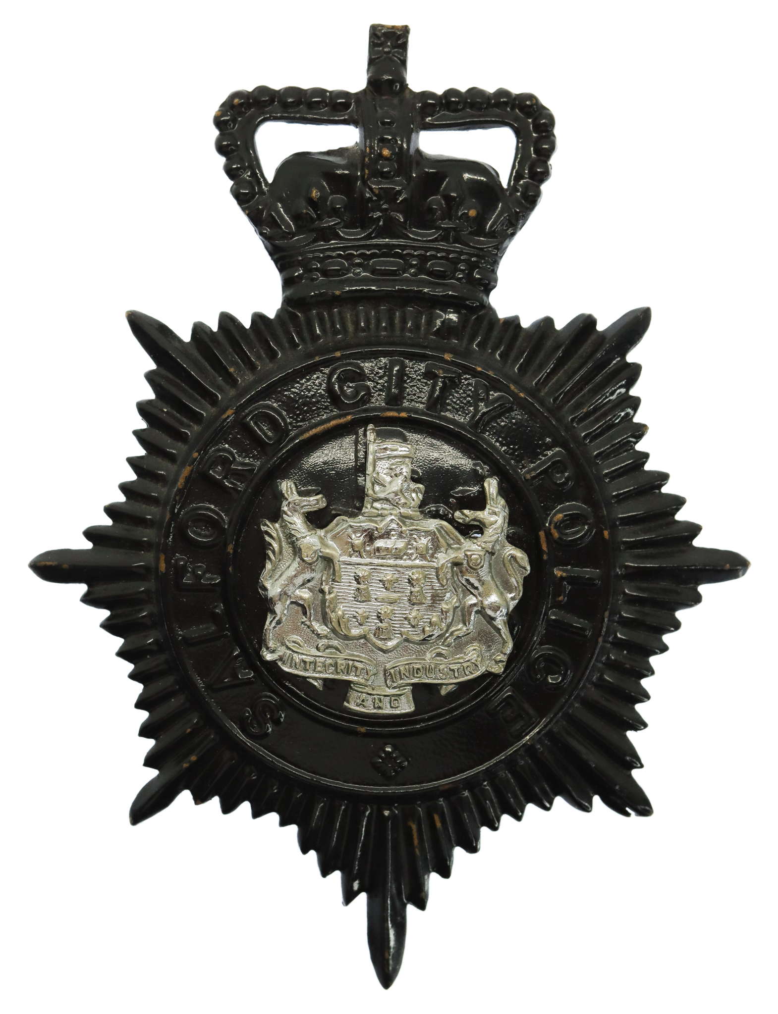 Salford City Police Mutual Aid Helmet Plate - Queen's Crown