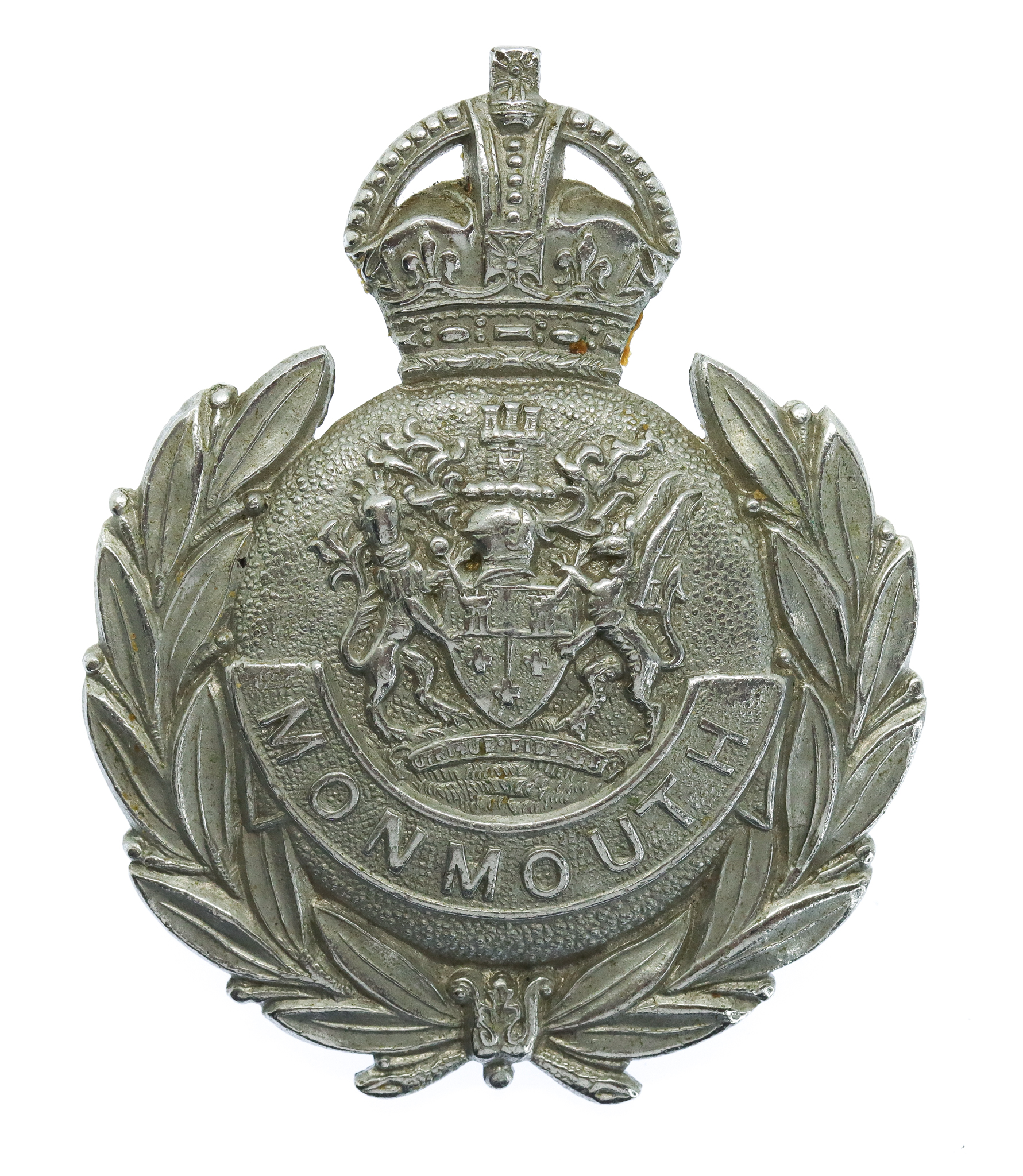 Monmouthshire Constabulary Chrome Wreath Helmet Plate - King's Crown