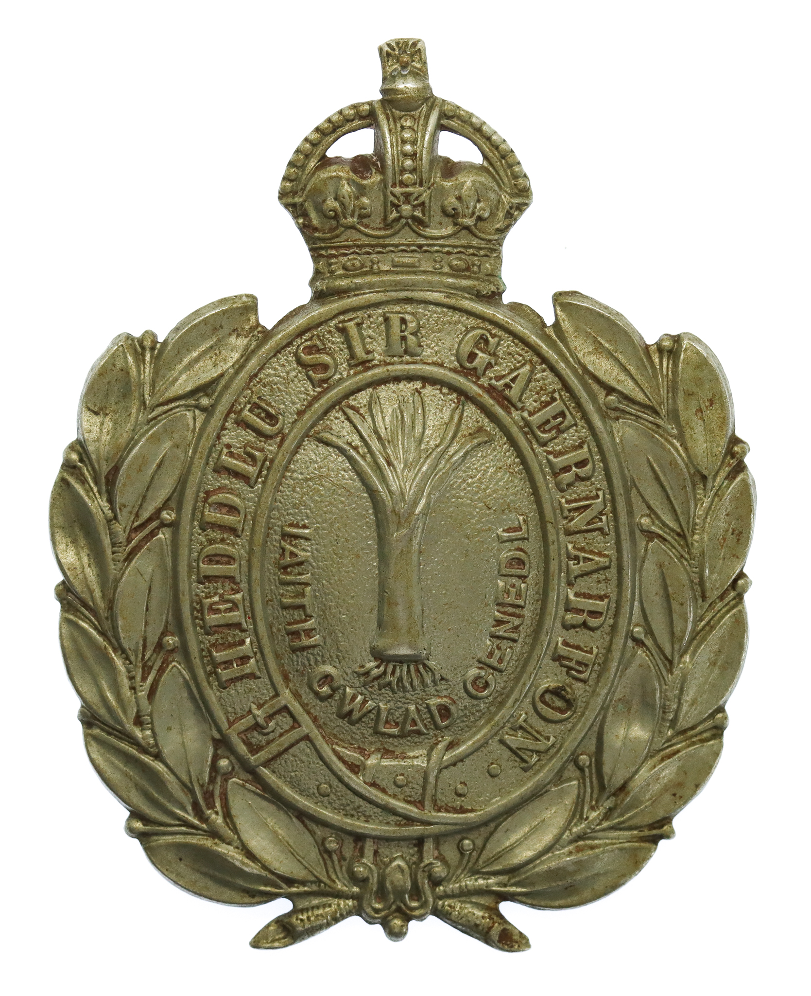 Caernarvonshire Constabulary White Metal Wreath Helmet Plate - King's Crown