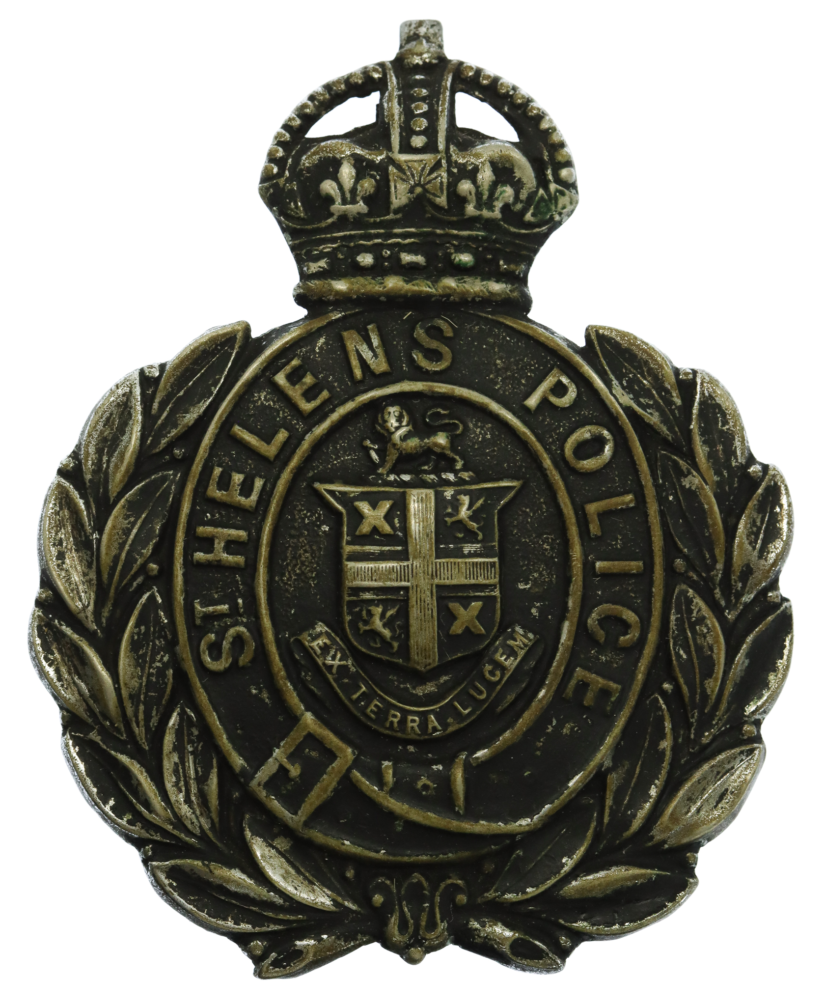 St. Helens Borough Police Blackened Wreath Helmet Plate - King's Crown