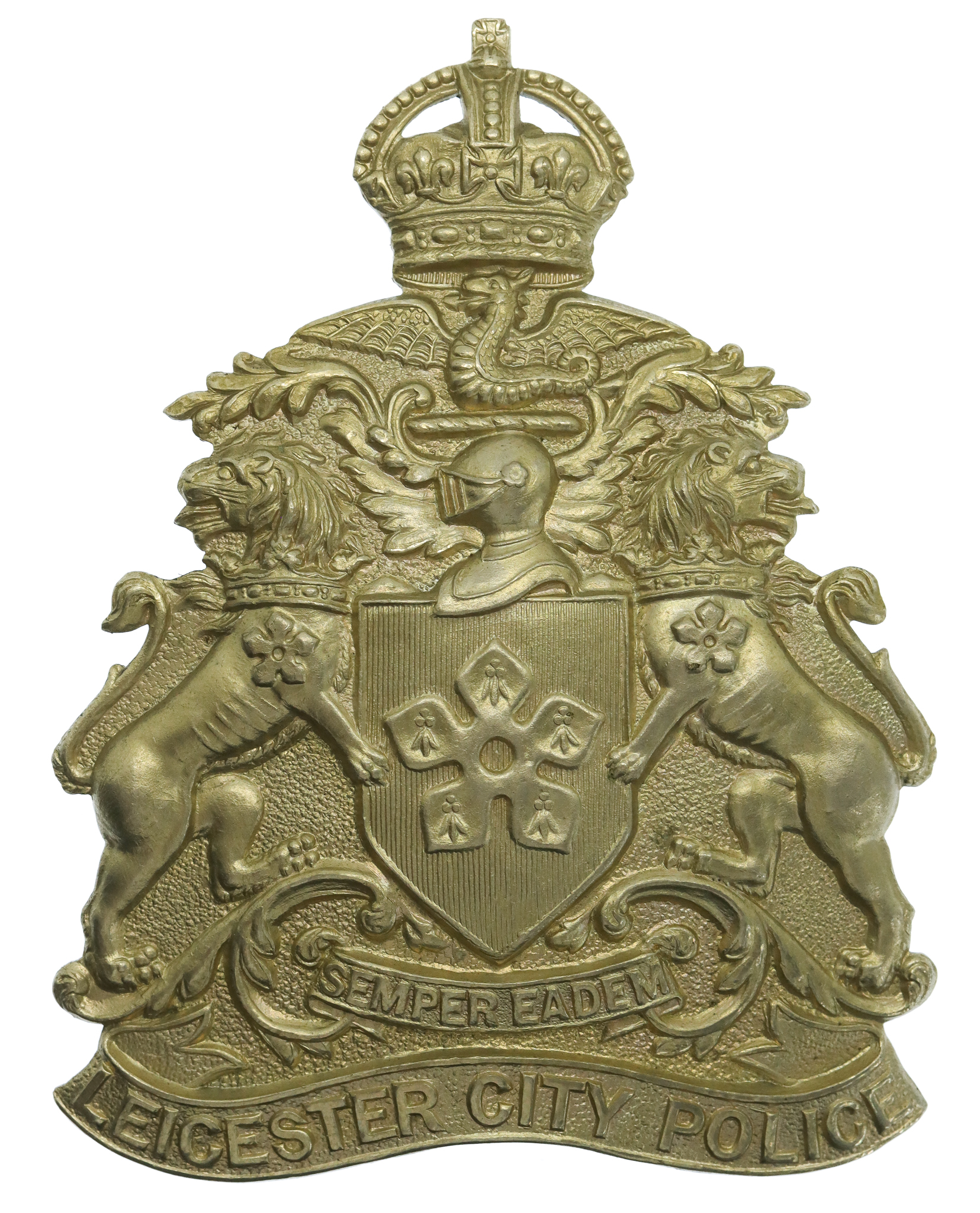 Leicester City Police White Metal Helmet Plate - King's Crown