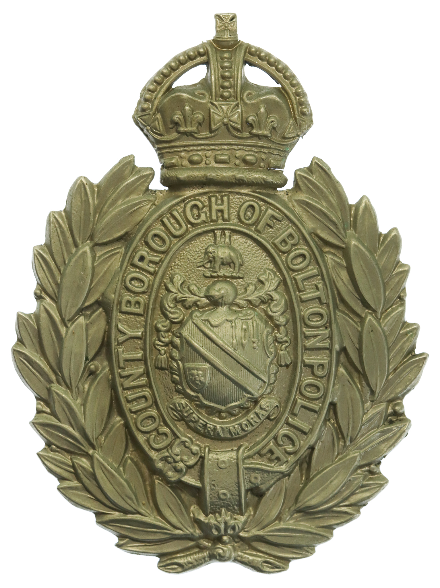 County Borough of Bolton Police White Metal Wreath Helmet Plate - King's Crown