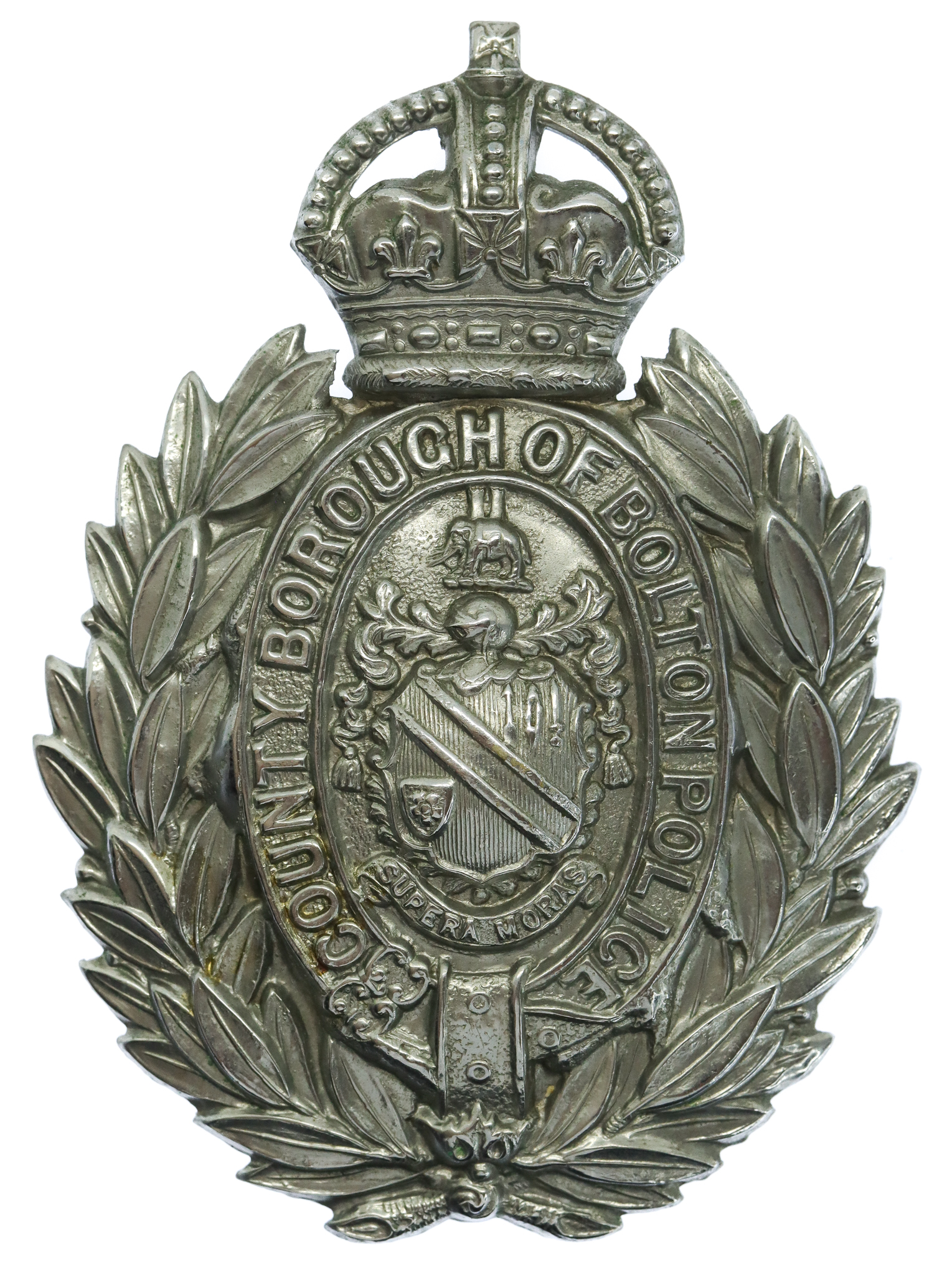 County Borough of Bolton Police Chrome Wreath Helmet Plate - King's Crown