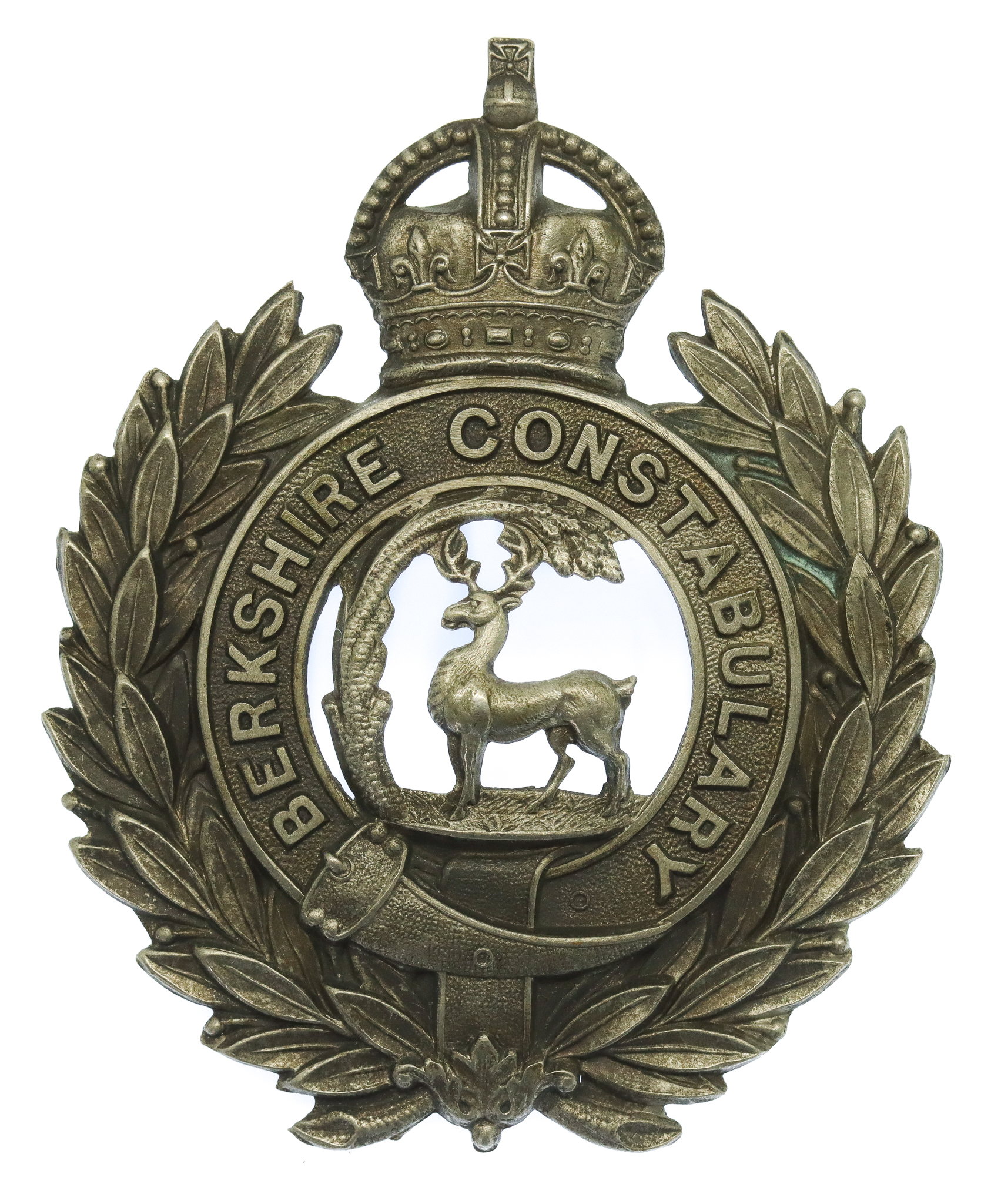 Berkshire Constabulary White Metal Wreath Helmet Plate - King's Crown