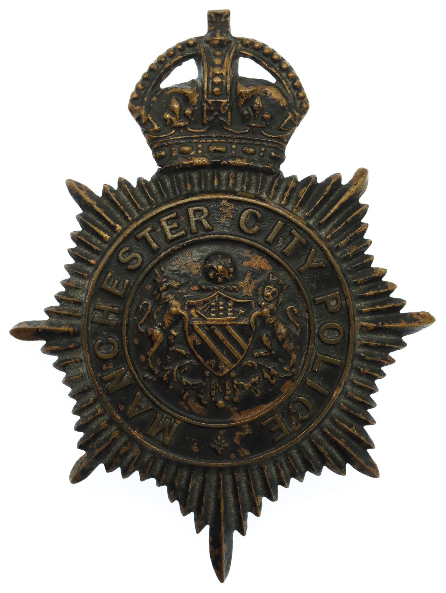 Manchester City Police Blackened Brass Night Helmet Plate - King's Crown