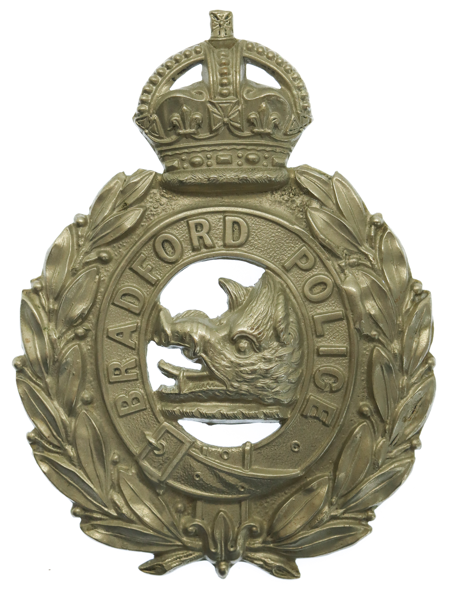 Bradford City Police White Metal Wreath Helmet Plate - King's Crown