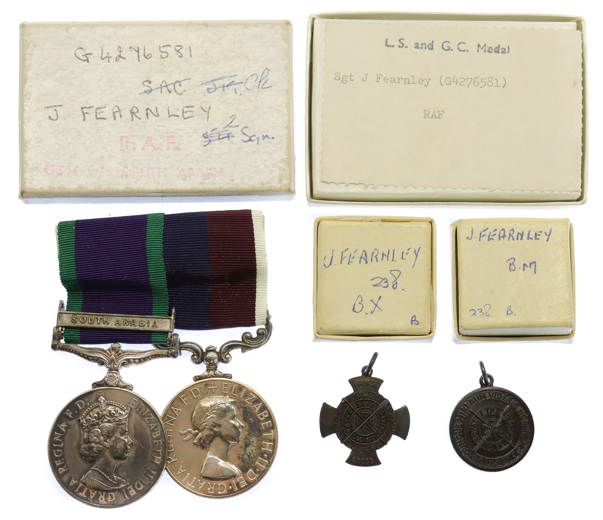Campaign Service Medal (Clasp - South Arabia) and R.A.F. Long Service & Good Conduct Medal Pair with Two R.L.S. Medallions - Sgt. J. Fearnley, Royal Air Force