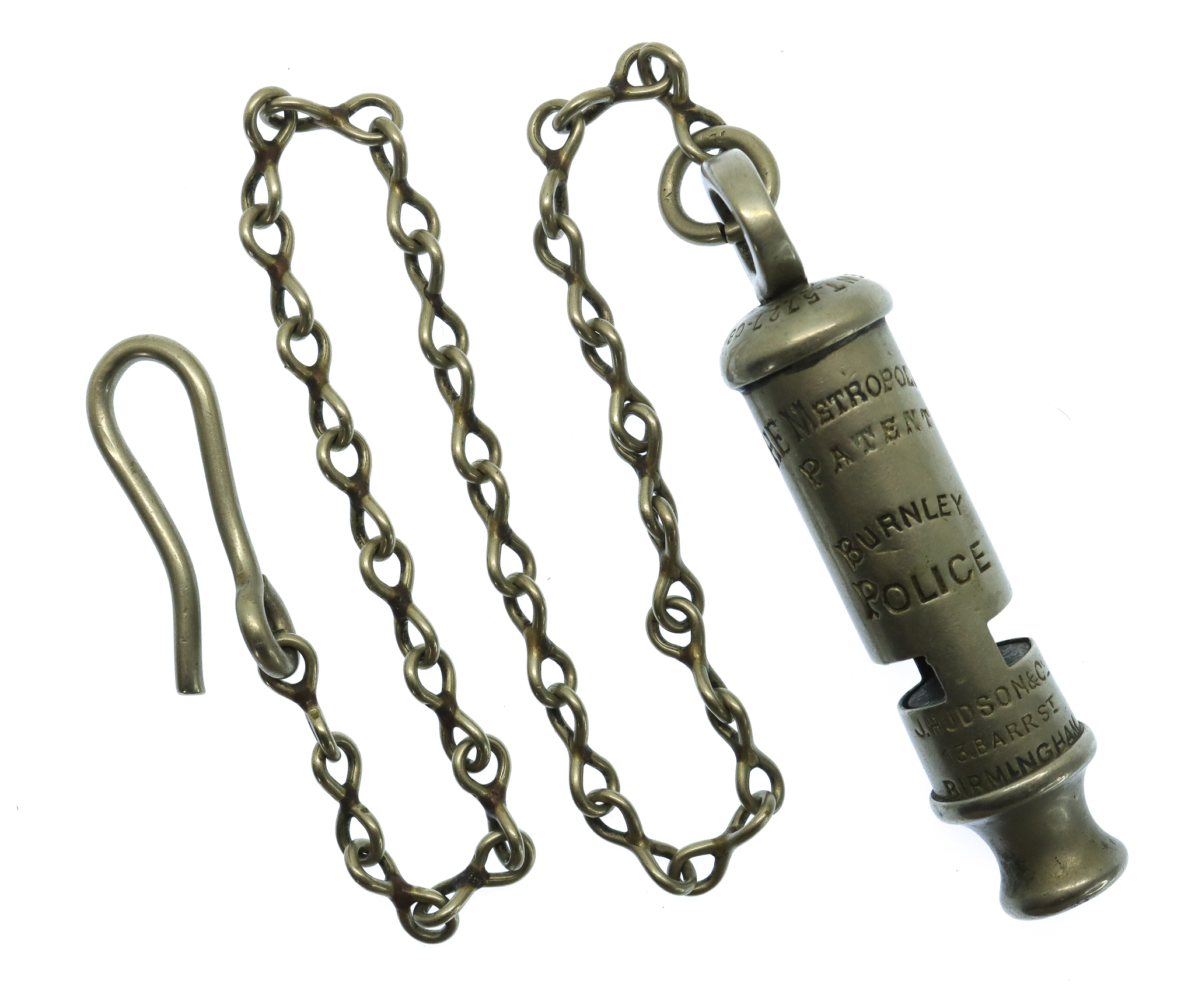 Burnley Borough Police 'The Metropolitan' Patent Police Whistle & Chain