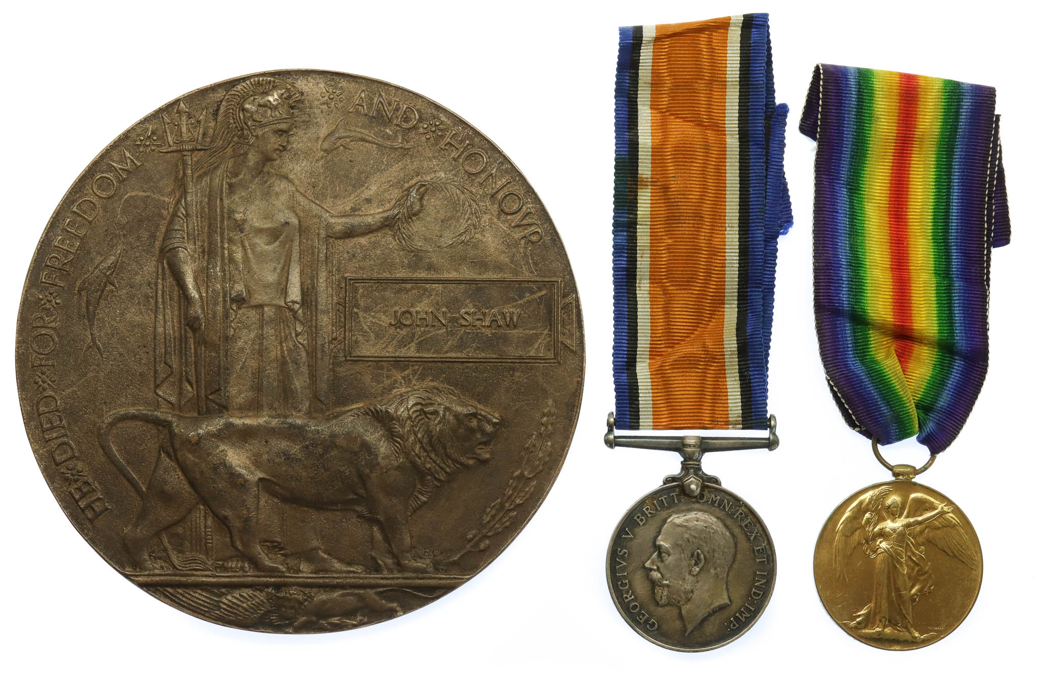 WW1 British War Medal, Victory Medal and Memorial Plaque - Pte. J. Shaw, 12th Bn. Manchester Regiment - K.I.A. 6/7/16