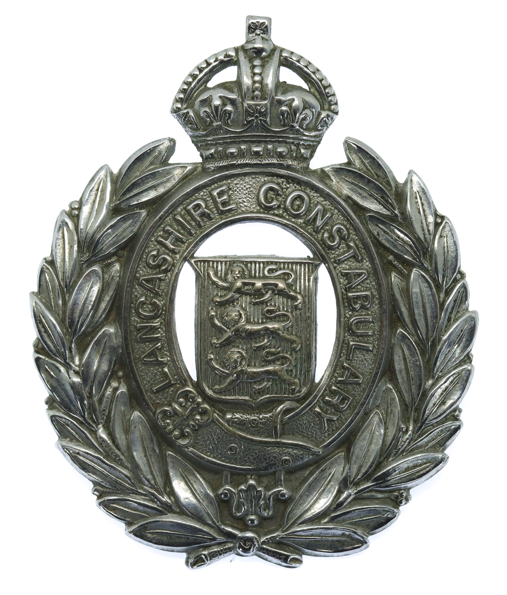 Lancashire Constabulary Chrome Wreath Helmet Plate - King's Crown