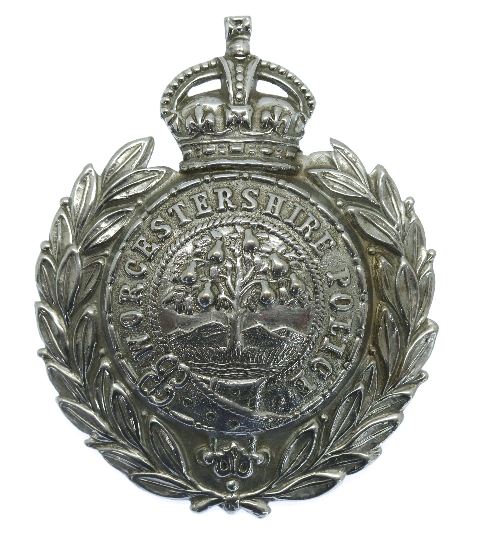 Worcestershire Constabulary Chrome Wreath Cap Badge - King's Crown