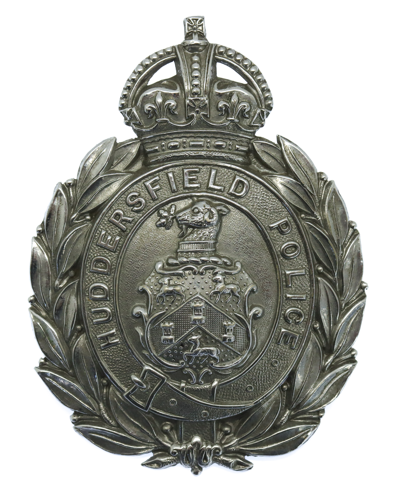 Huddersfield Police Chrome Wreath Helmet Plate - King's Crown