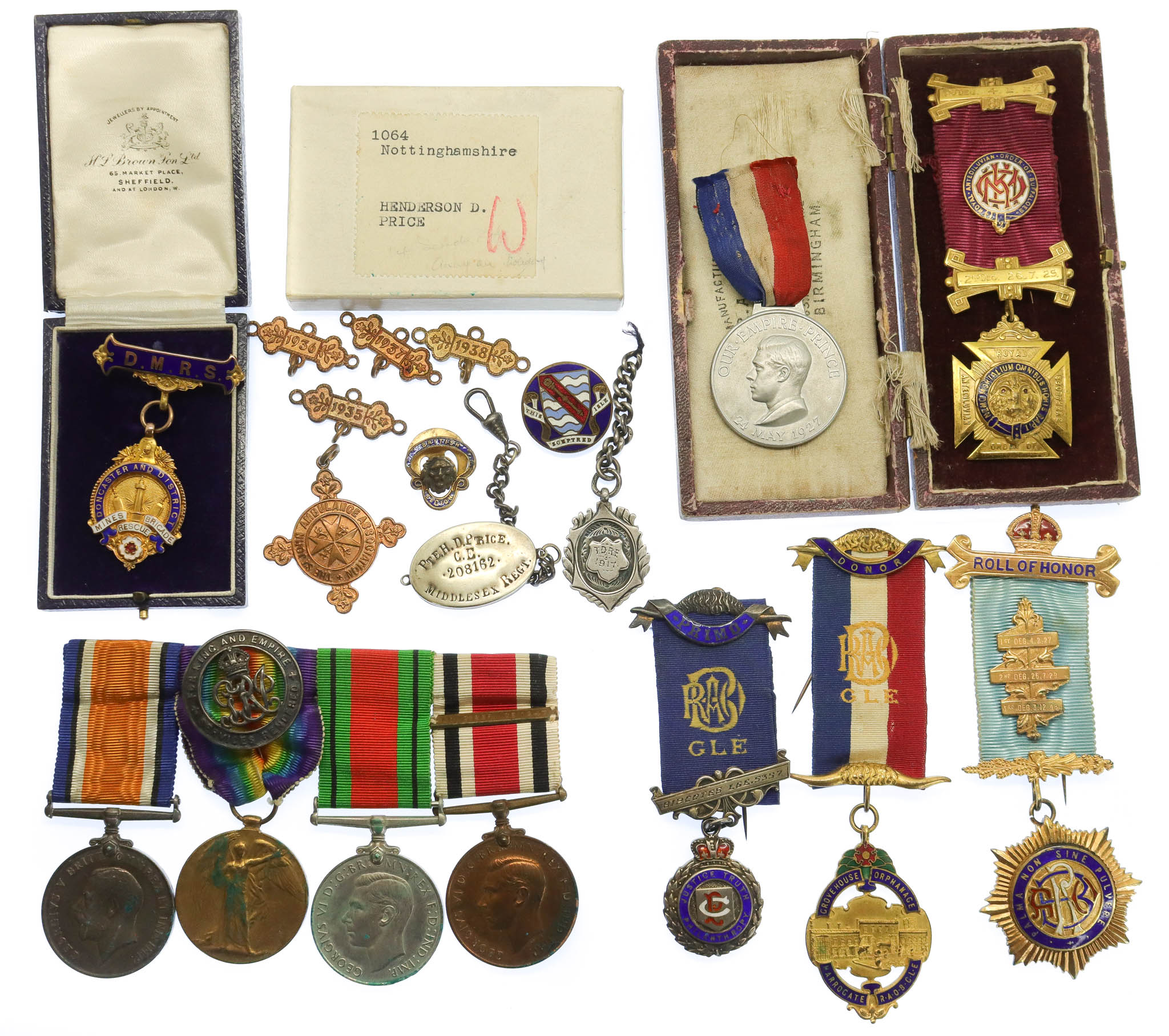 WW1 British War & Victory Medal Pair, WW2 Defence Medal & Special Constabulary Long Service Medal Group with 9ct Gold Doncaster Mines Rescue Brigade Medal and Other Medal and Badges - Pte. H.D. Price, 21st Bn. Middlesex Regiment