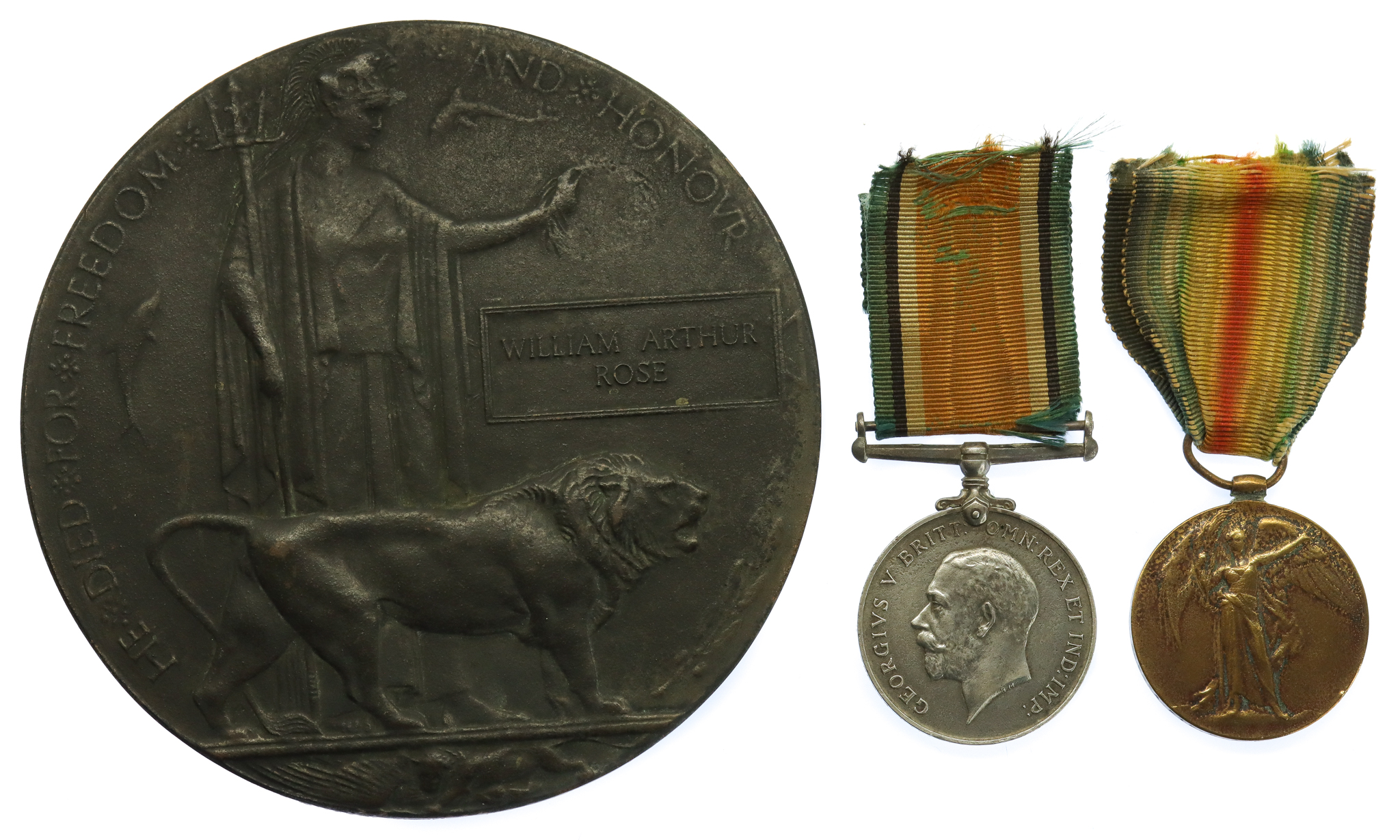WW1 British War Medal, Victory Medal and Memorial Plaque - L.Cpl. W.A. Rose, Royal Warwickshire Regiment - Died of Wounds, 2/4/17